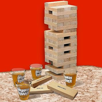 ICUP Party Tower Game, Wooden Stacking Blocks with 4 Mini Glasses and 60 Blocks, Adult Party Challenge for Game Nights and Gatherings