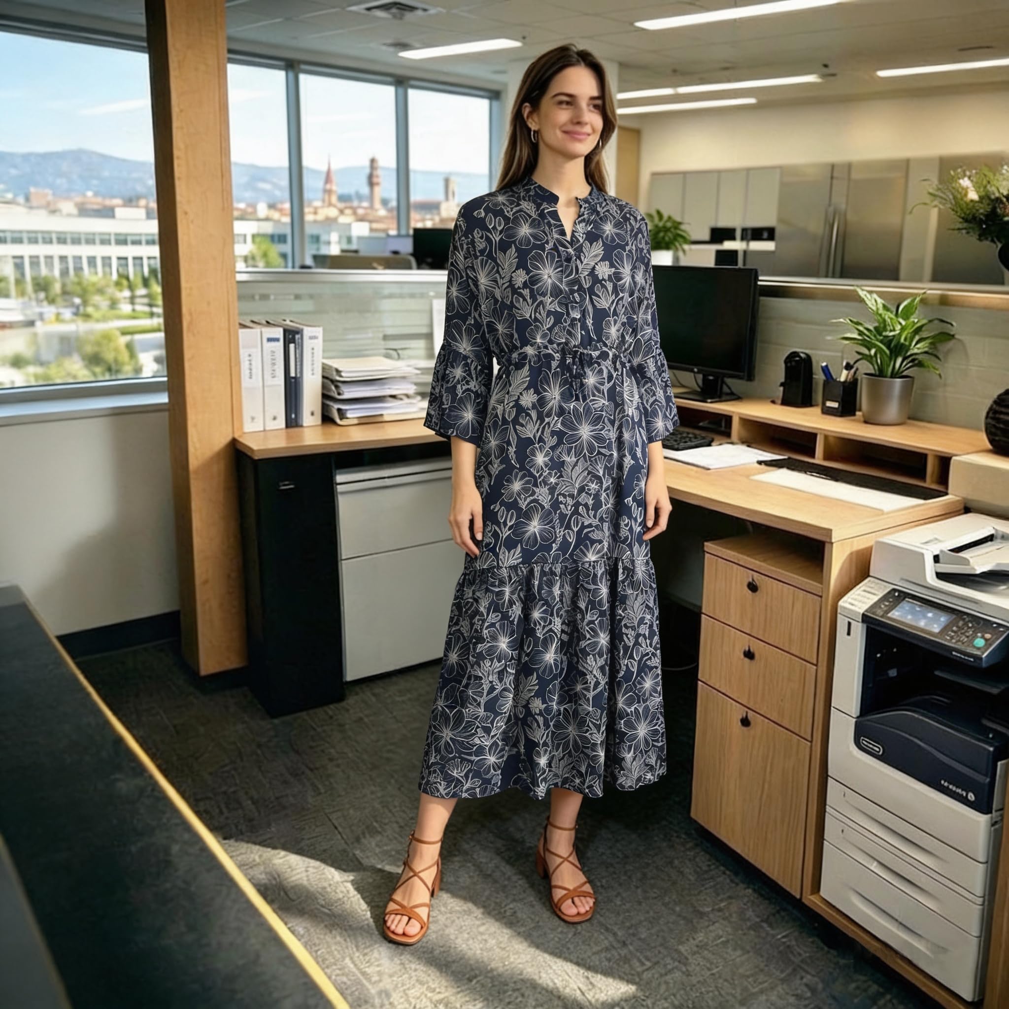 Vestito Midi Donna in Viscosa, Abito a Fiori con Maniche 3/4 | Realizzato in Italia, offre una vestibilità morbida e confortevole con pratica vita regolabile