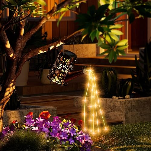 Miniatura 6 de Regadera solar con luces, luces colgantes de cascada de Navidad, decoración de jardín con gancho de pastor para patio, césped, patio, camino,