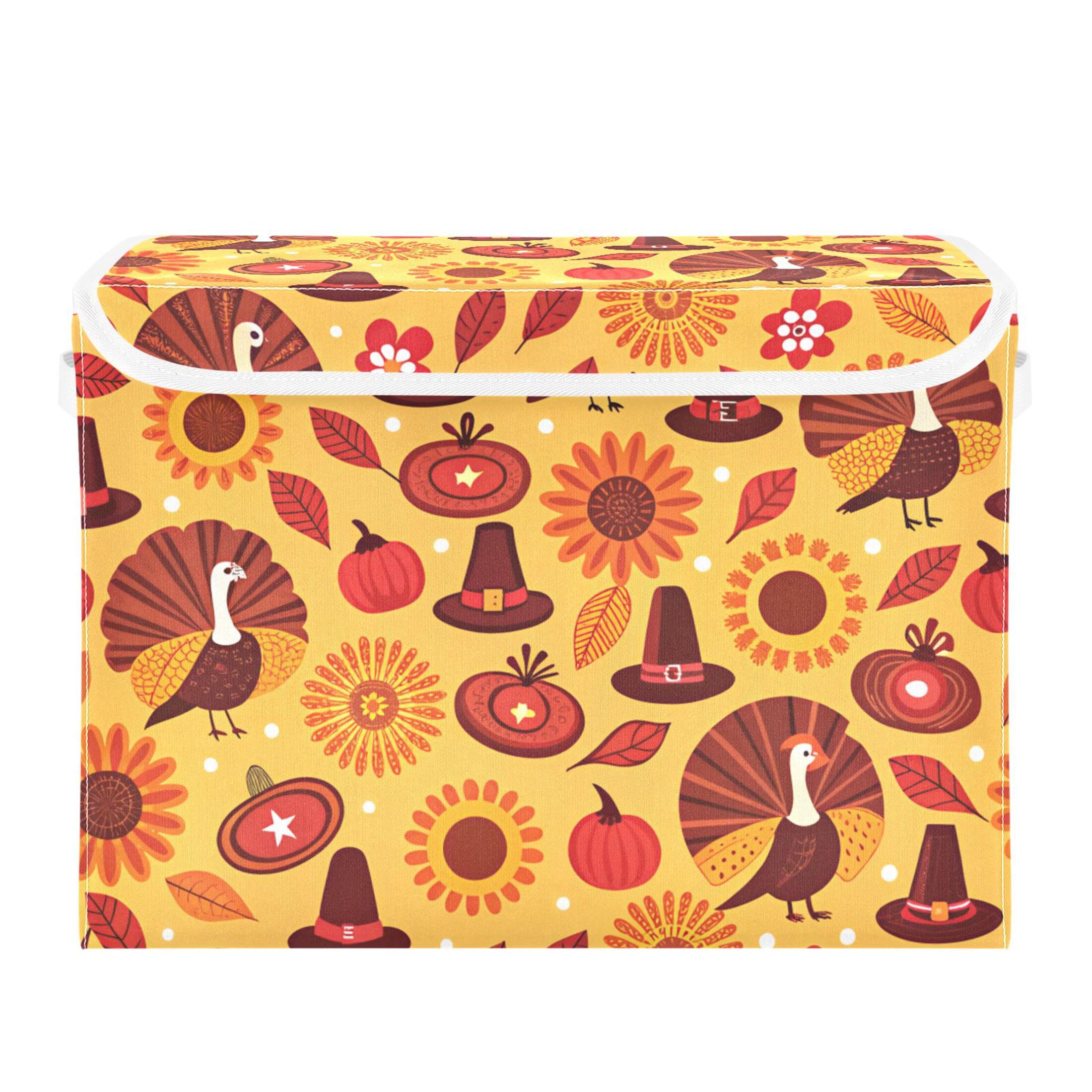 xigua Thanksgiving Sunflower Turkey Storage Bins with Lids and Carrying Handle,Foldable Storage Boxes Organizer Containers Baskets Cube with Cover for