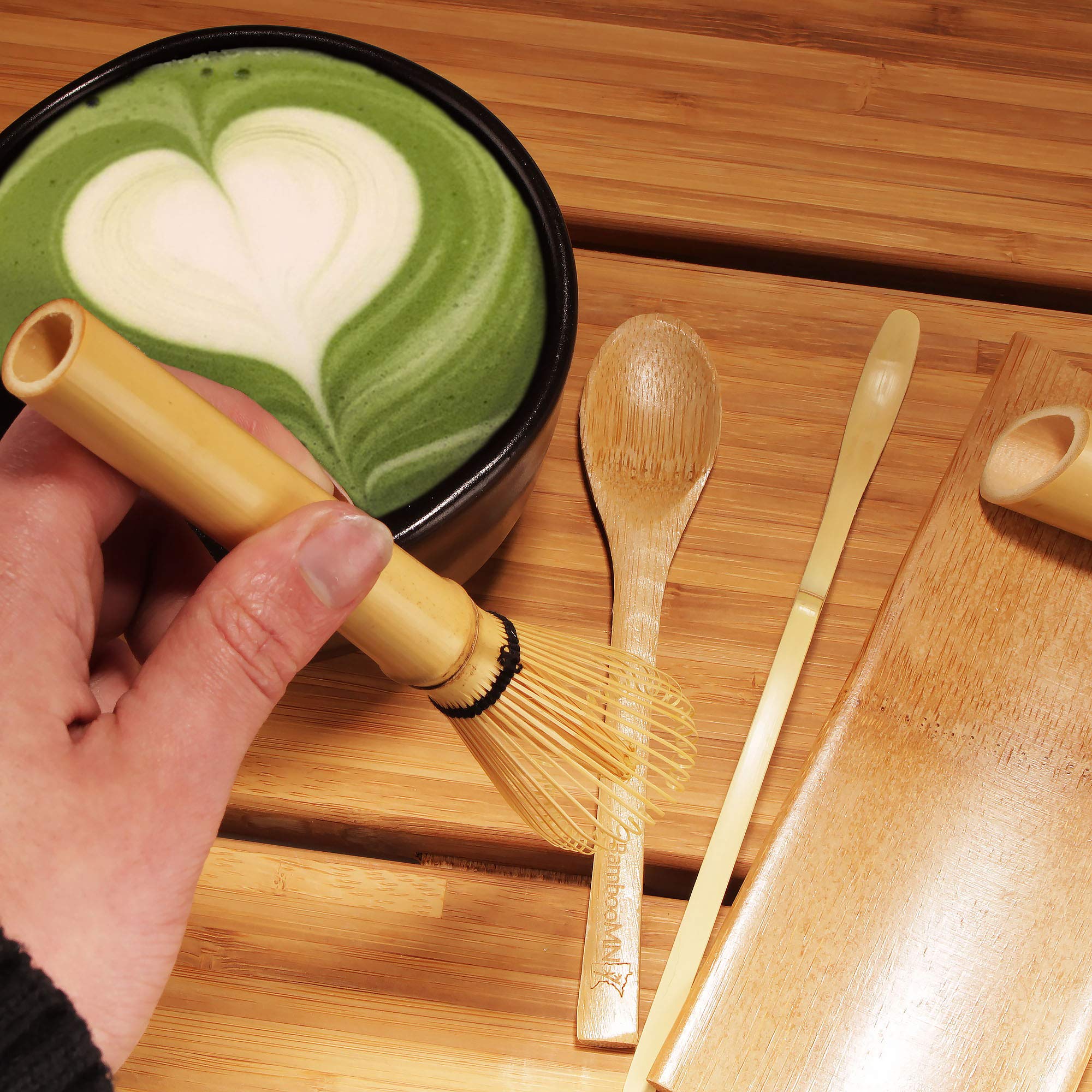 BambooMN Matcha Whisk Set - Skinny Golden Chasen (Tea Whisk), Tray, Chashaku (Hooked Bamboo Scoop), Tea Spoon - 1 Set