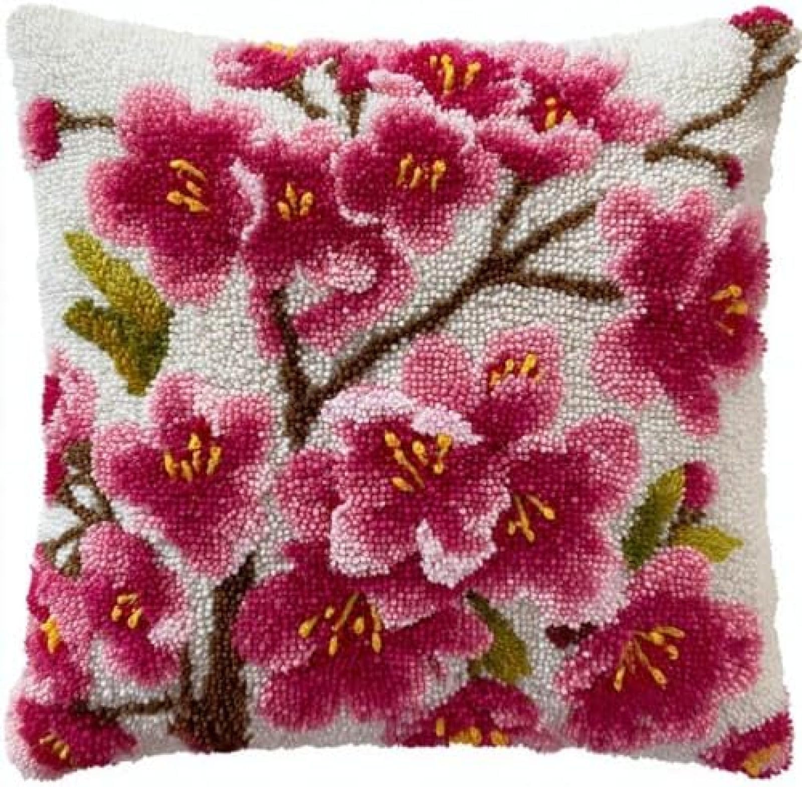 kitphoenix Latch Hook Cushion Kit for Adults,Cherry Blossom Flowers,DIY Pillow Cover Making Craft Set with Pre-Cut Yarn,Pre-Printed Canvas and Hook,43x43 cm for Beginners