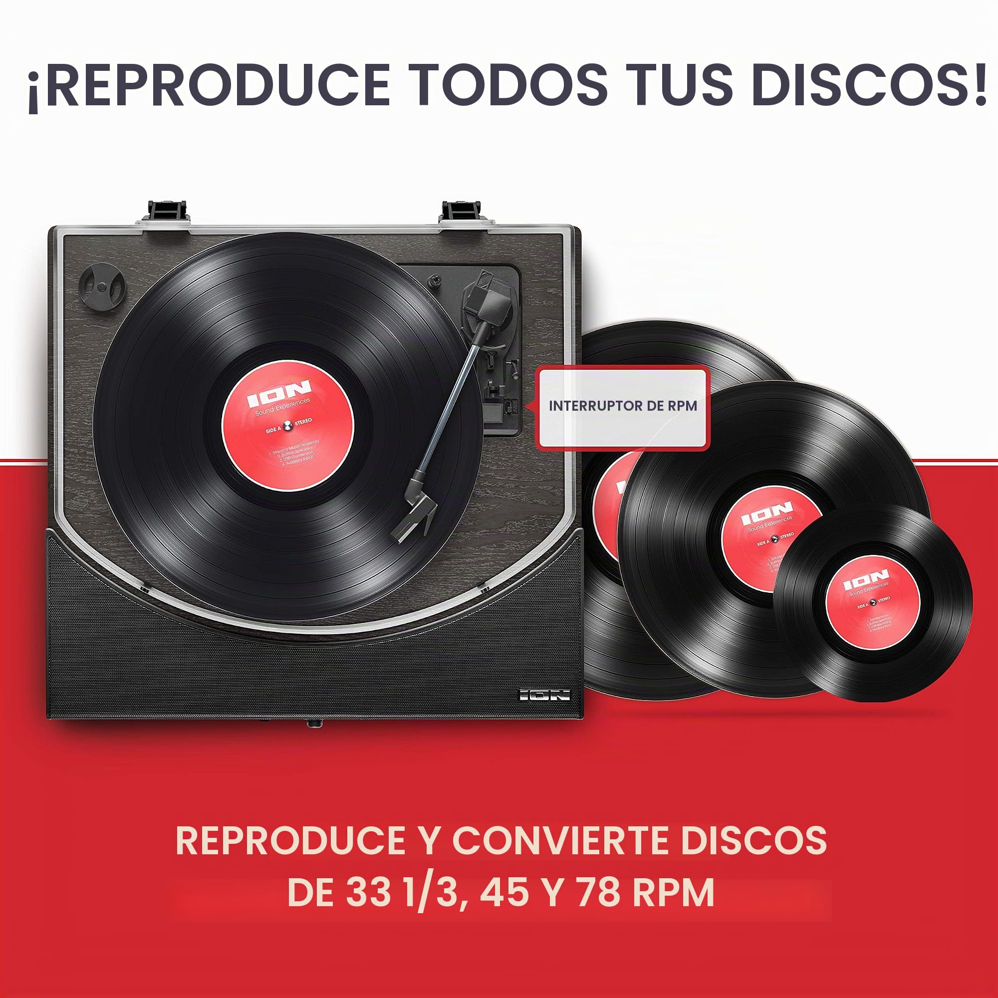 ION Audio Premier LP - Tocadiscos de Vinilo Bluetooth, de 3 velocidades, Altavoces estéreo, Salida USB para convertir vinilos a Formato Digital, Salidas de Auriculares y RCA, Acabado en Negro