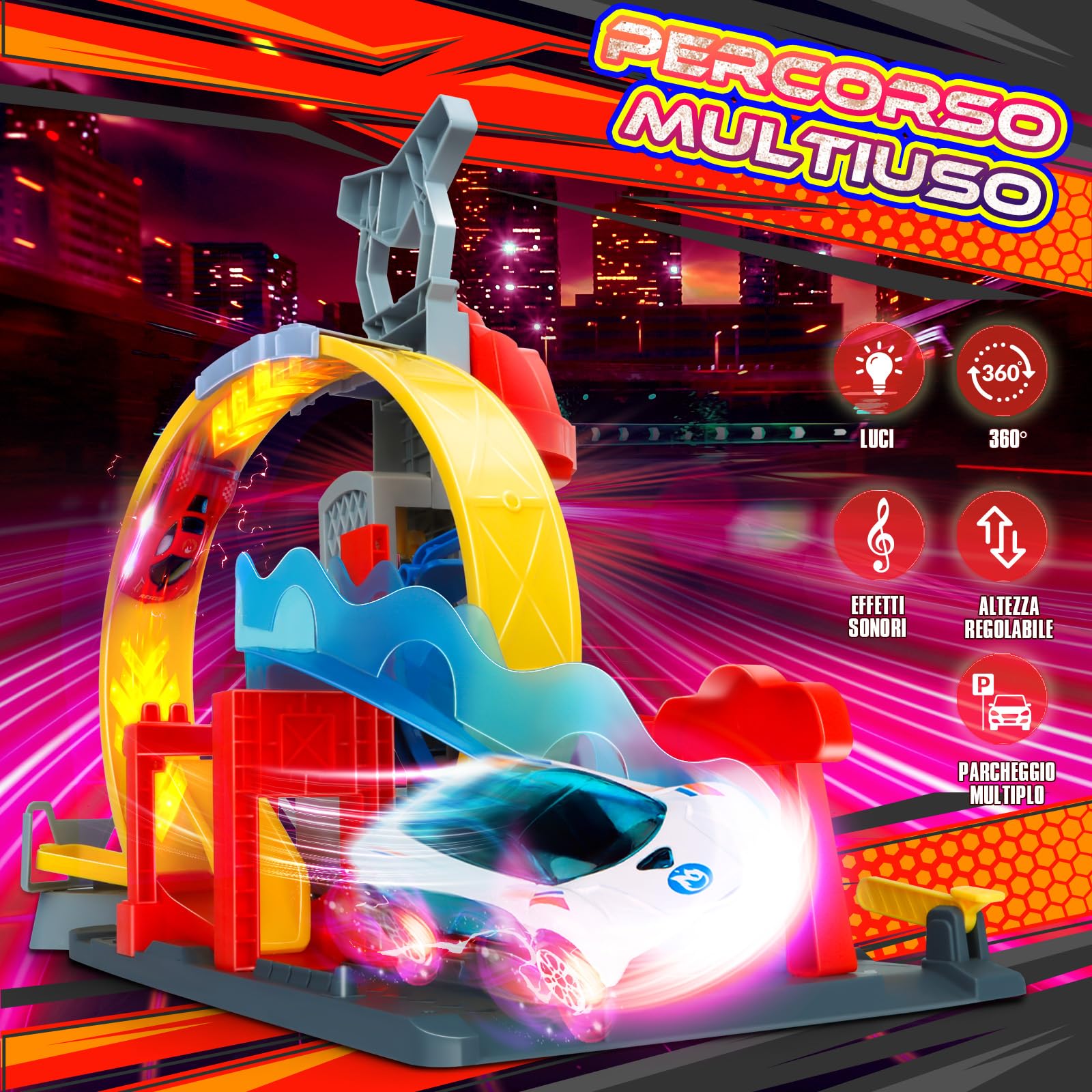 Charmofun City Caserma dei Pompieri con Super Loop, Set di Pista per Macchinine con 4 Macchinine, 3 Parcheggi, Piste con Ascensore e Luci e Suoni, Circuito a Lancio Giocattolo per Bambini dai 4 Anni