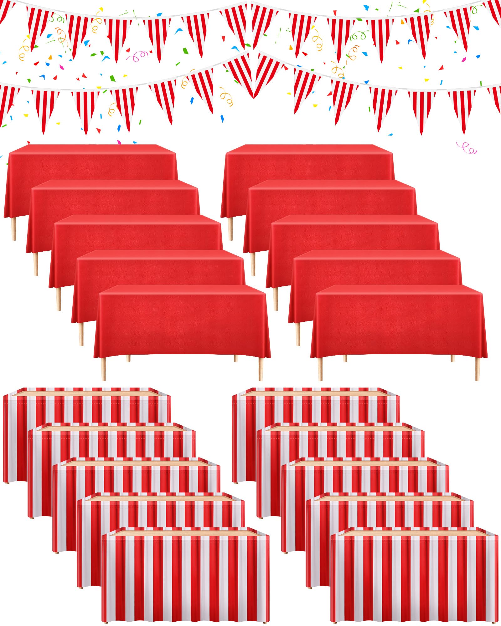 Tegeme 25 Pieces Carnival Theme Party Decorations Table Skirts Tablecloth | Red White Striped Pennant Banners, Bunting Tablecloths, Circus Party Supplies, Themed Decor Set, Festive Celebration