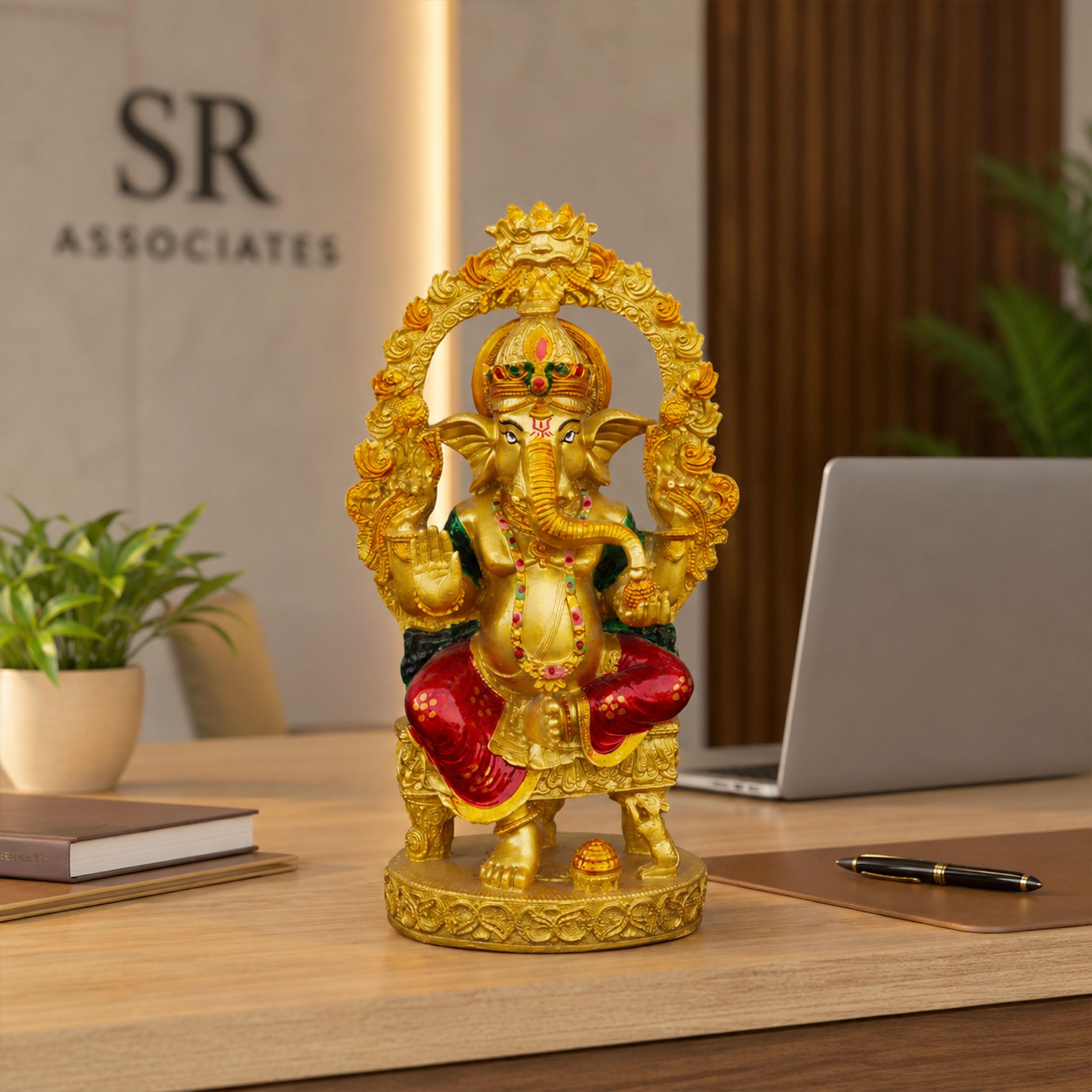 Gold Lord Ganesha Idol for Home Mandir Decor | 10 Inch Lacquer Coated Resin Ganpati Statue on Throne | Vinayaka Murti for Pooja Room Office Diwali Gift — photo — 5 of 7