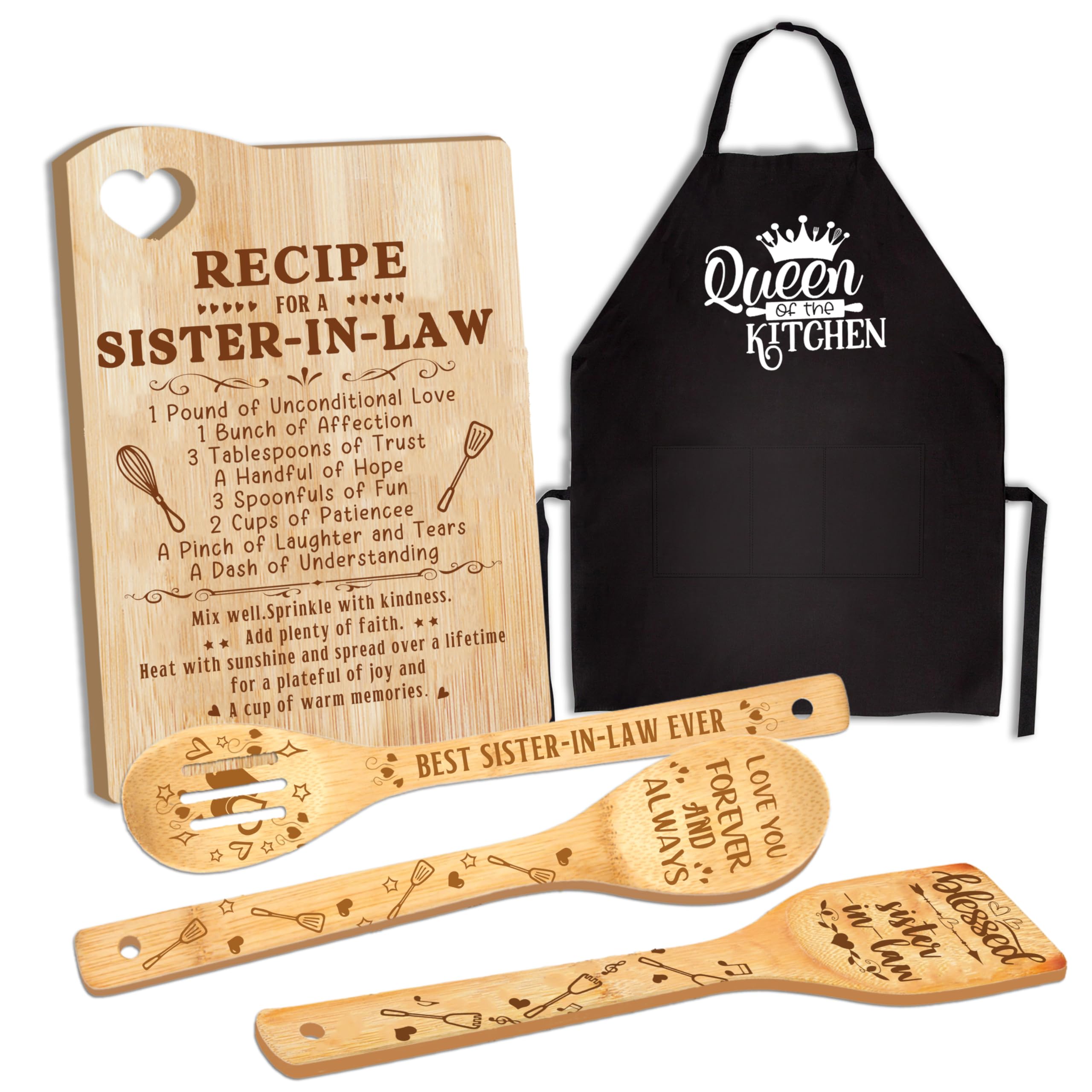 Sister in Law Gifts, Mothers Day Sister in Law Gift Idea, Gift for Sister in Law Wooden Cutting Board with Cooking Utensils Set with Apron Set, Happy Mothers Day Sister in Law Kitchen Present