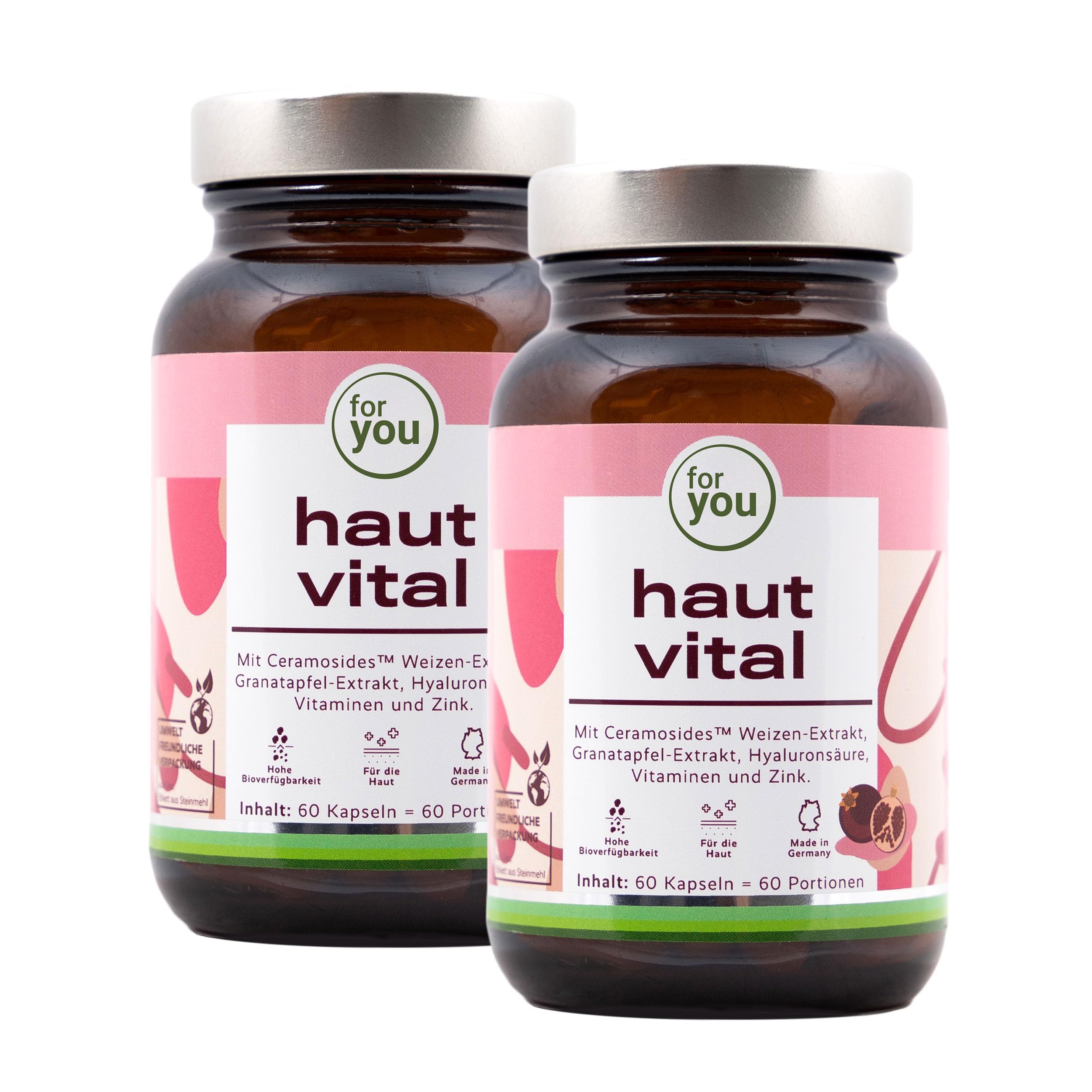 for you haut vital - 2x60 Doppelpack Kapseln mit Ceramosides™ Weizen- Lipid-Extrakt, Granatapfel-Extrakt, Hyaluronsäure, Vitaminen & Mineralstoffen zur Erhaltung normaler Haut - Schönheit von innen