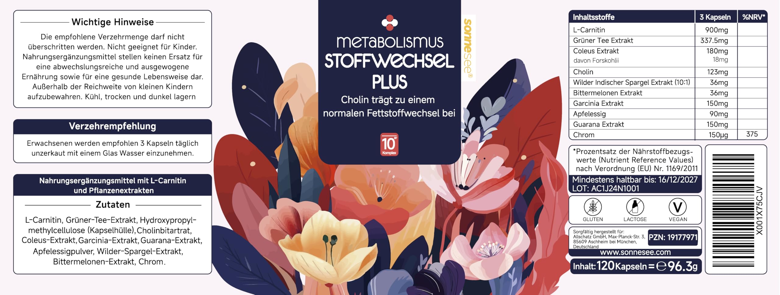 Stoffwechsel 10-in-1 Komplex Hochdosiert mit L-Carnitin Grünem Tee Cholin wilder indischer Spargel Bittermelone Garcinia Cambogia & Chrom Apfelessig Kapseln
