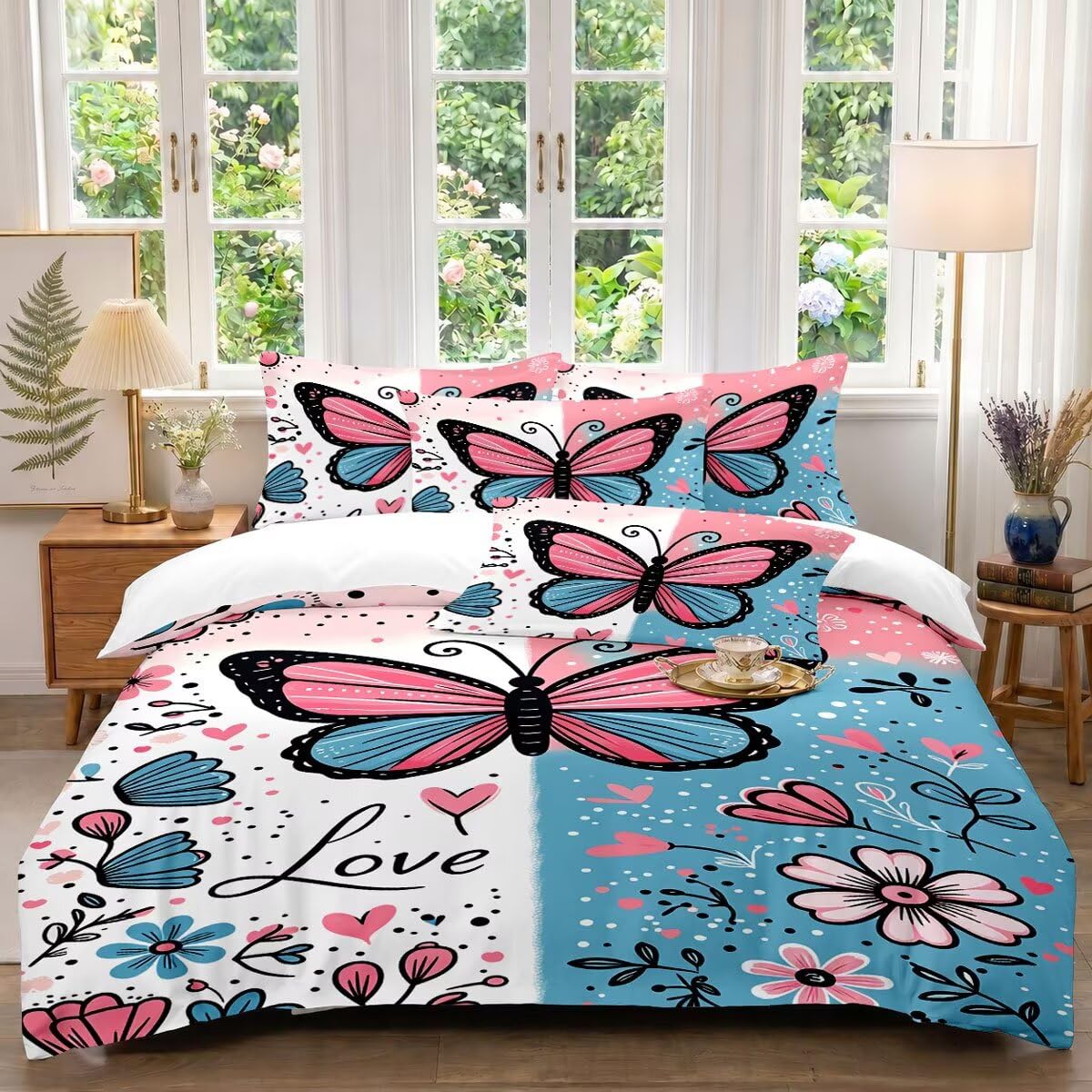 ViblyCoz Pink Blue Butterfly Love Floral Pattern Single Duvet Cover Set White 3 Piece Bedding with 1 Duvet Cover 135x200cm and 2 Pillowcases
