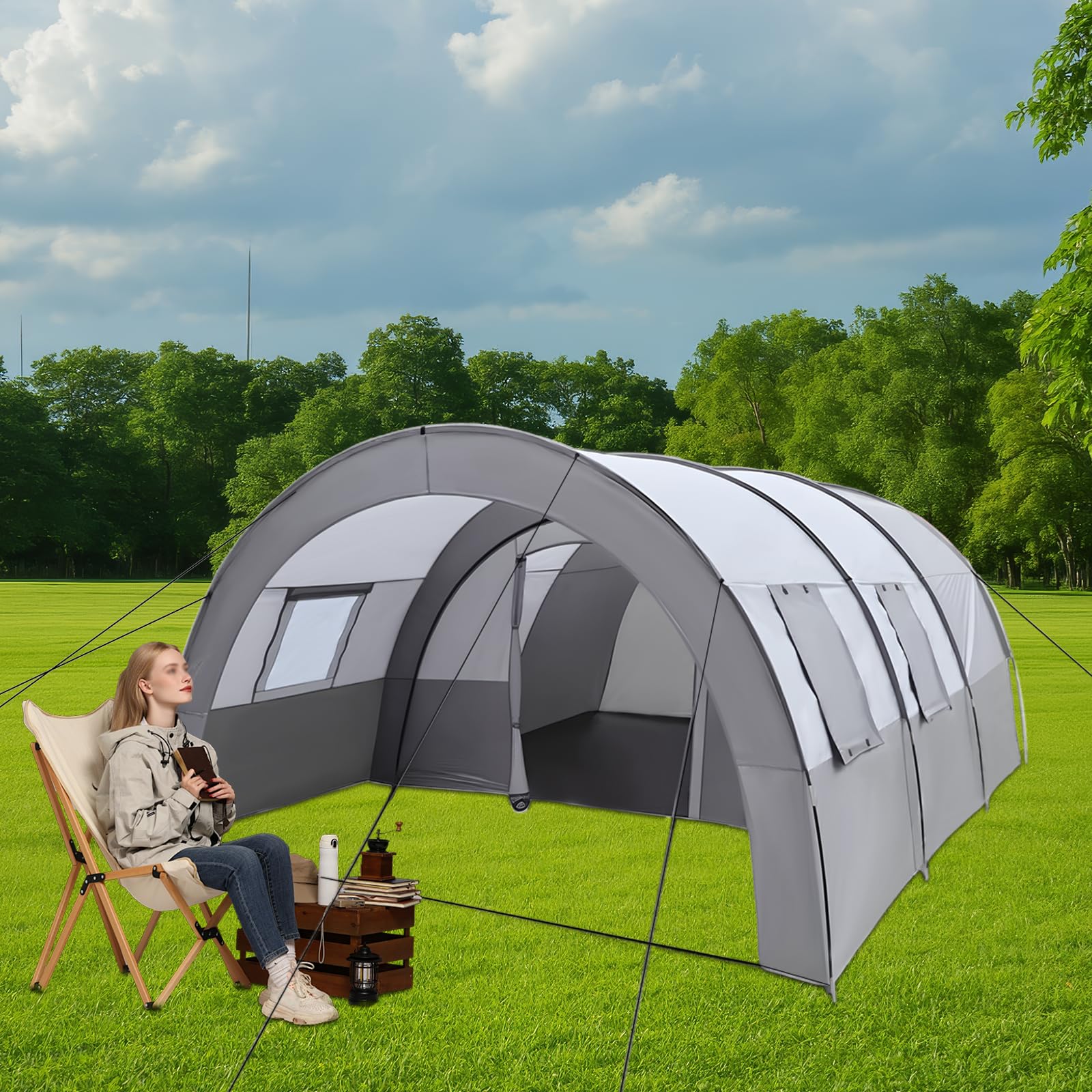 Tente tunnel spacieuse pour 6 personnes avec auvent, tapis de sol, moustiquaire et sac de transport, tente familiale étanche pour camping, festivals et voyages, 350 x 480 x 206 cm