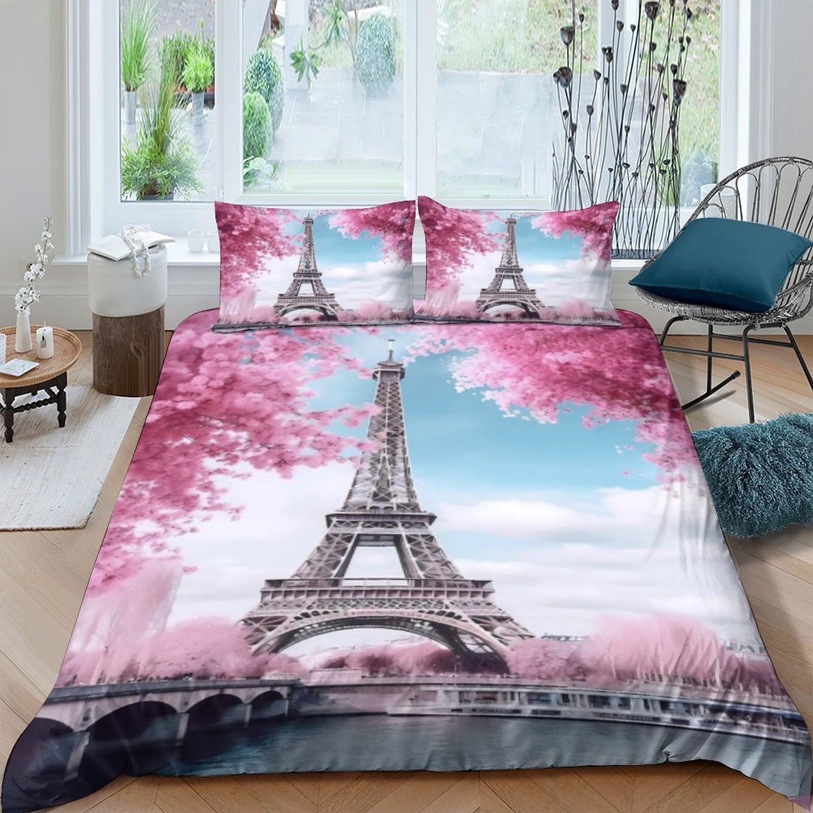 Ctjqhvkz Style-9 3D Printed Pink Eiffel Tower Fitted Sheet Microfiber Soft Bedroom Decor Paris Scene Mattress Cover For Home Dorm Single（135X200cm）