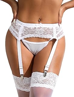 comeondear Women\'s White Sexy Lace Garter Belt with 4 Adjustable Wide Straps Stable Clip and G-String for Stockings