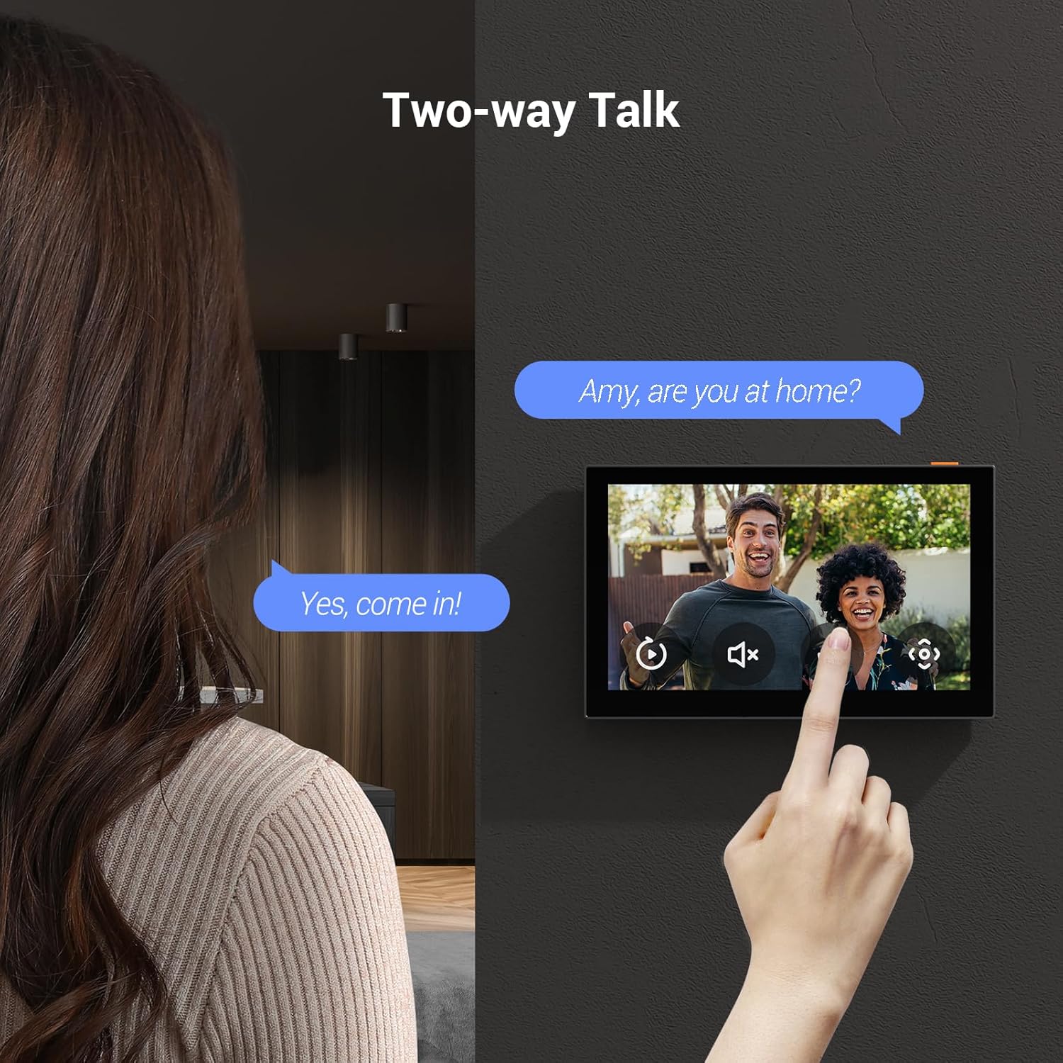 Person using EZVIZ SD7 for two-way audio communication with a visitor