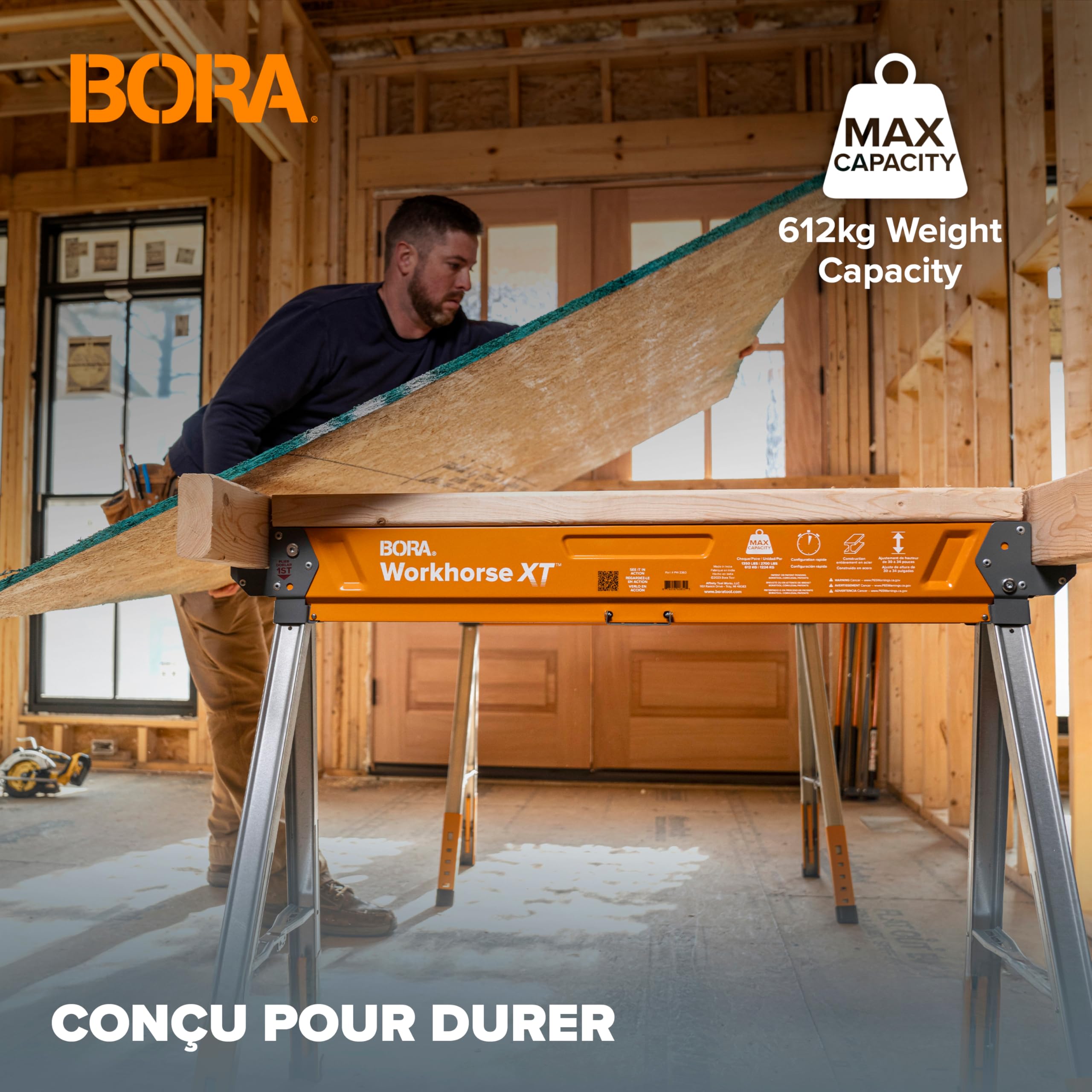 BORA Workhorse XT PM-3360T Lot de 2 chevalets de sciage pliables et réglables en hauteur avec pieds réglables pour entrepreneurs Établi portable avec décapsuleur intégré