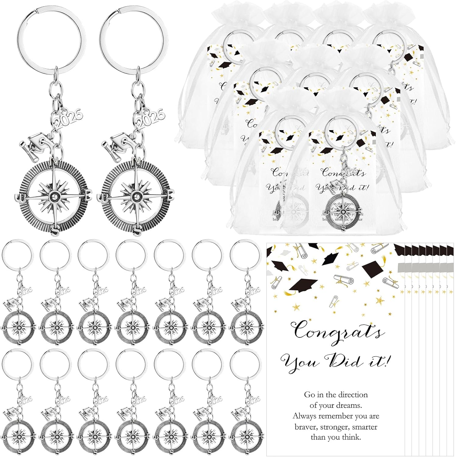 Ferreve 60 Sets 2026 Commencement Gifts Bulk Inspirational Compass Keychain with Cap Charm and Congratulations Cards Farewell Organza Bag for Men Women Alumni Party Favors