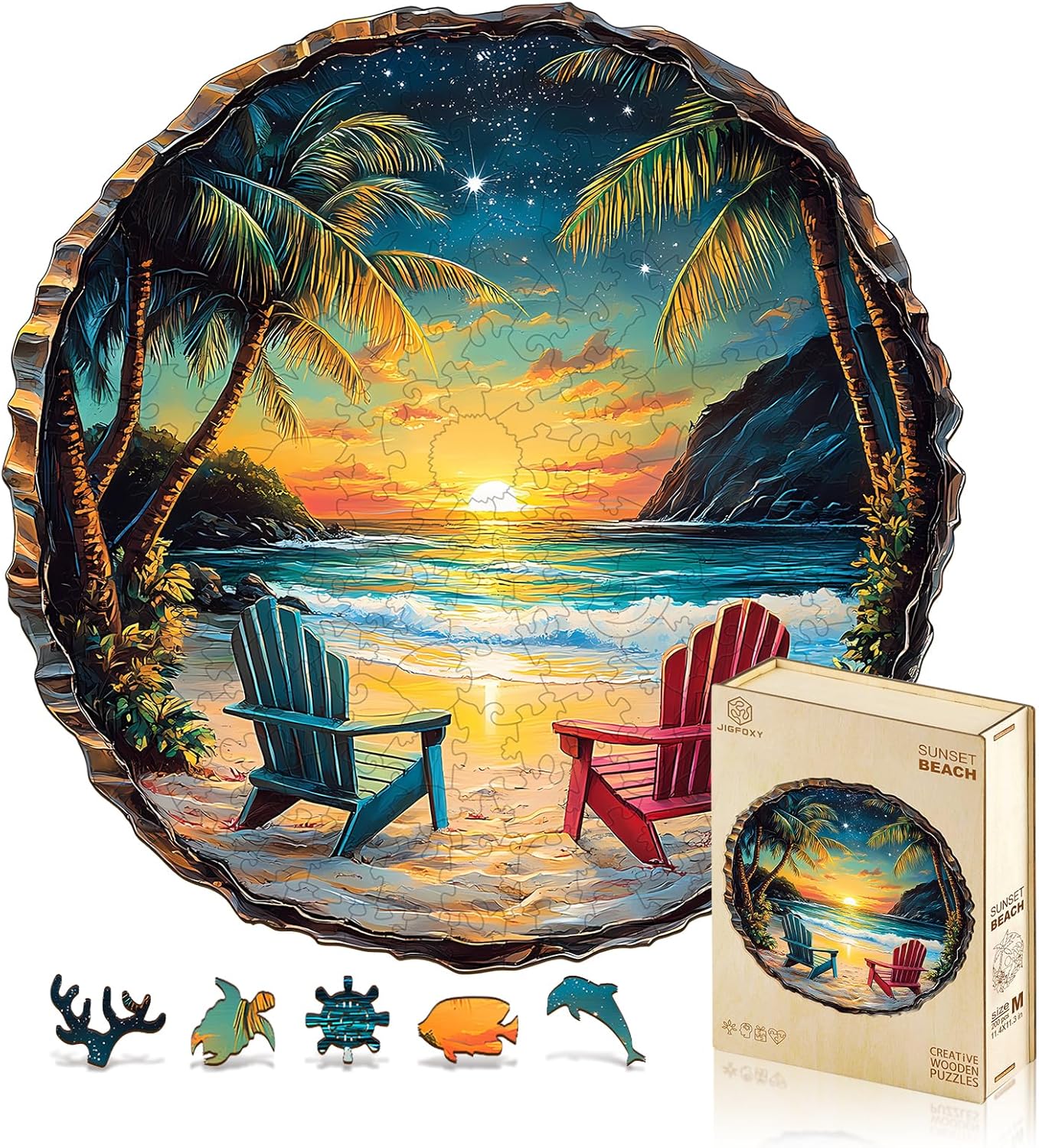 Jigfoxy Wooden Puzzle for Adults, Sunset Beach Wooden Jigsaw Puzzle, Unique Animal-Shaped Wood-Cut Puzzle for Family and Friends, Perfect Valentines Day Gifts (L-13.4 * 13.3in-295pcs)