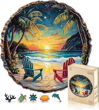 Jigfoxy Wooden Puzzle for Adults, Sunset Beach Wooden Jigsaw Puzzle, Unique Animal-Shaped Wood-Cut Puzzle for Family and Friends, Perfect Valentines Day Gifts S-8.5 * 8.4in-100pcs