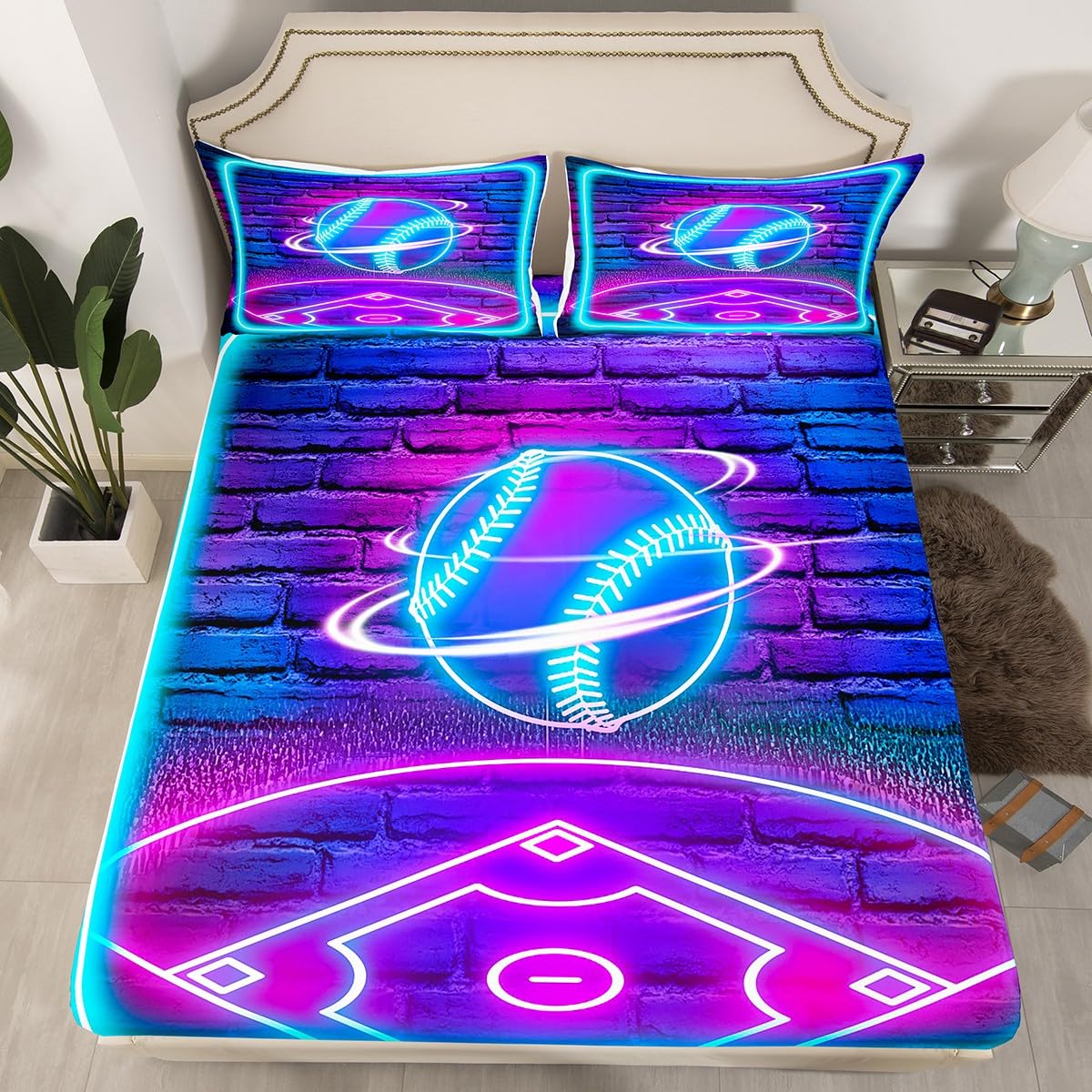 Baseball Full Size Fitted Sheet,Modern Sports Game Brick Wall Print 3 Pieces Kids Teenager Room Decor 3D Baseball Neon Lights Blue Purple Glitter Pocket 2 Pillowcases