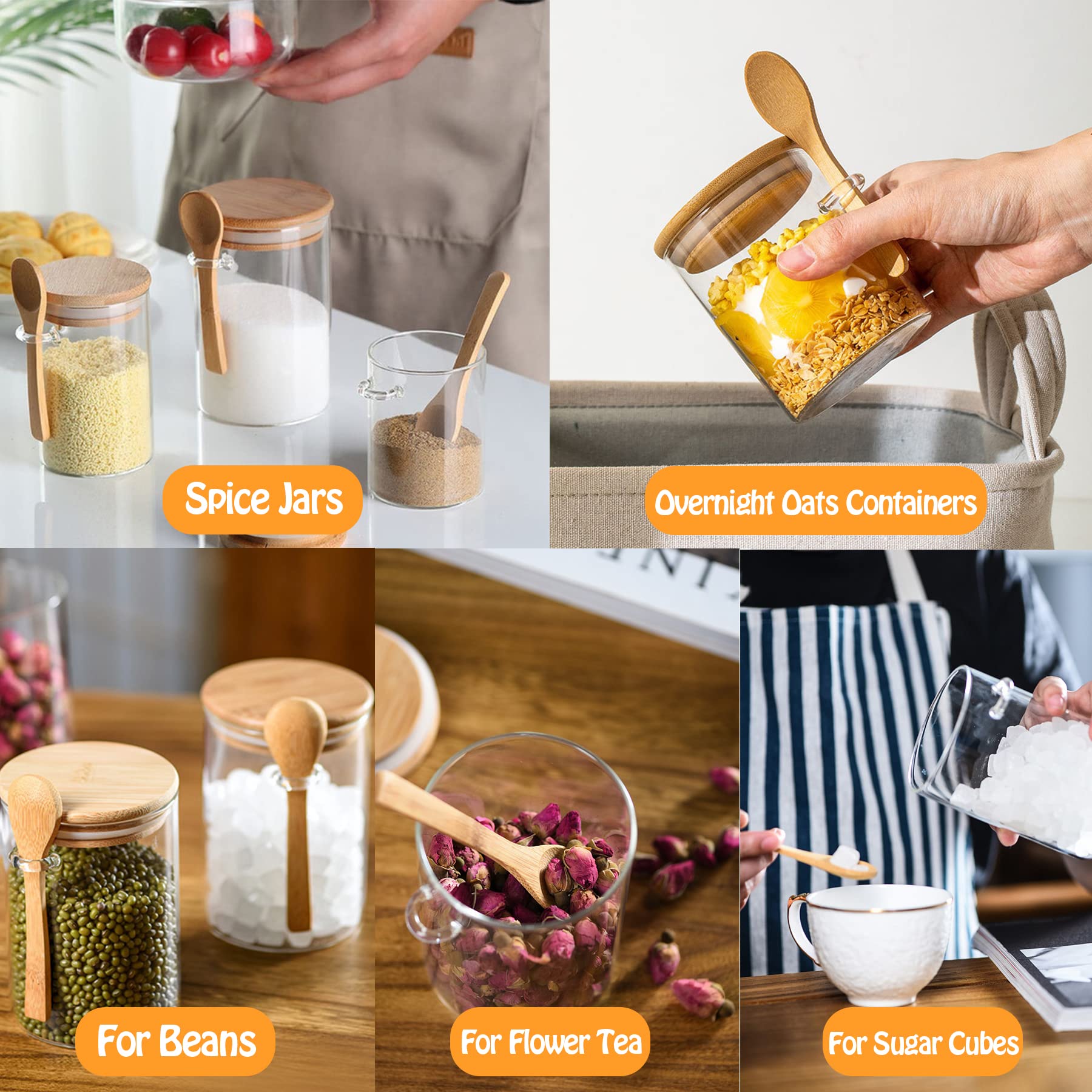 Wholede Vorratsgläser mit Deckel und Löffel, 4er Set 540ml Overnight Oats Gläser, Vorratsdosen, Glasbehälter, Meal Prep Glas, Joghurtgläser für Küche Lebensmittelaufbewahrung