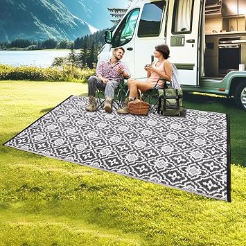 Alfolo Outdoor Rug Waterproof 4x6 Outdoor Mat Small Porch Balcony Rug,Reversible Plastic Straw Rug for Camping Black and White Outdoor Mats for Patio, Deck, RV, Camping, Beach, Backyard