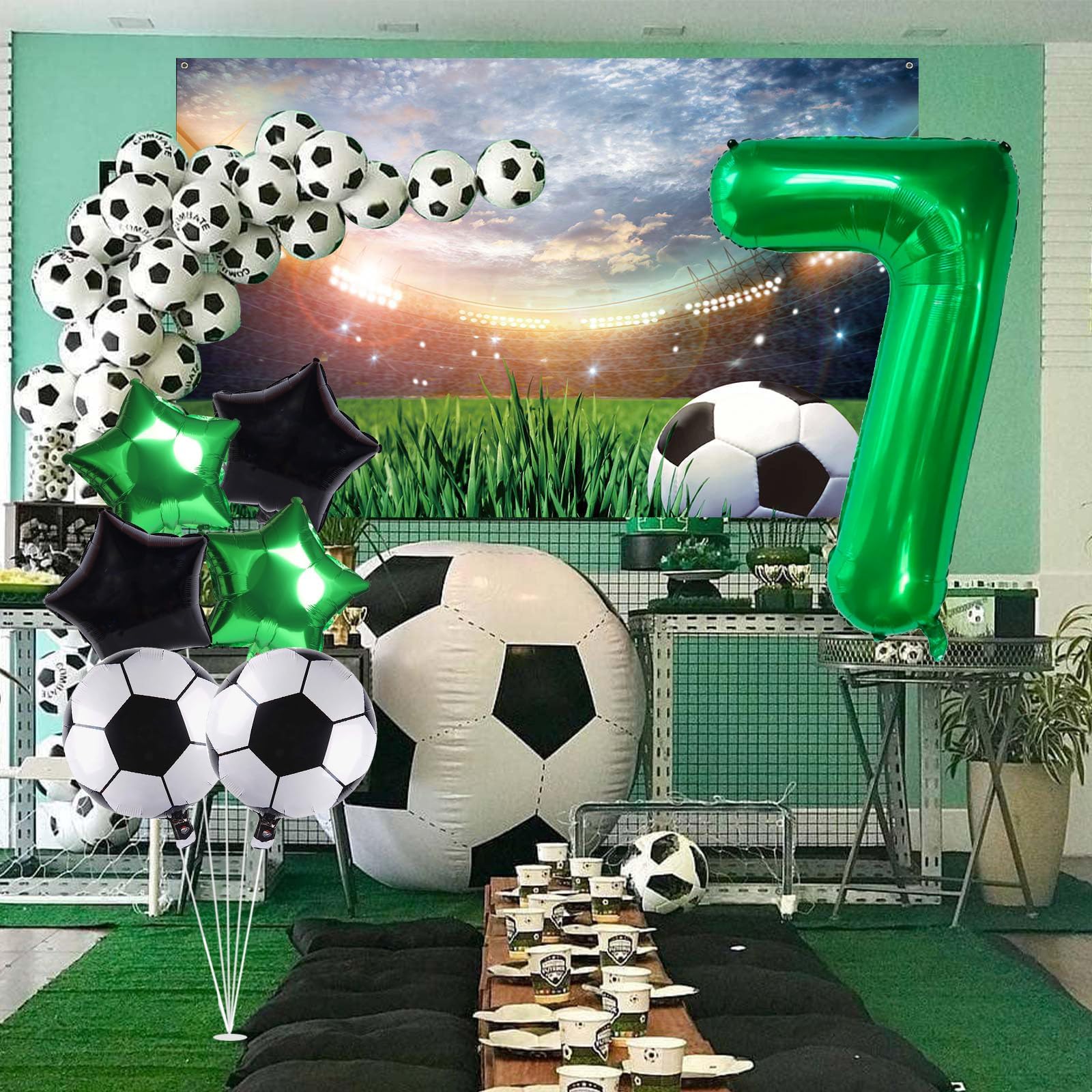 Fußball 7. Geburtstag Deko-Set – Inkl. Riesen-Zahl 7, Ballons, Cake Topper & Girlande