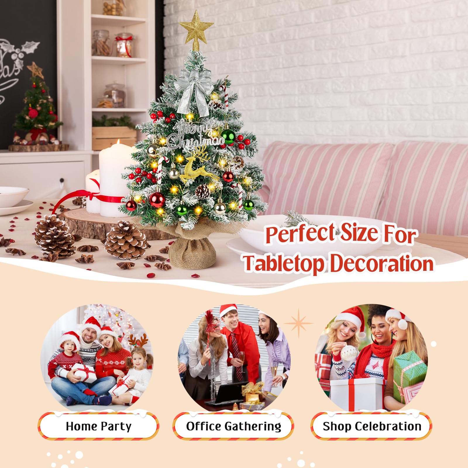 Mini sapin de Noël artificiel avec 40 lumières - 61 cm / 61 cm - Petit sapin de Noël artificiel avec décorations de Noël pour cheminée, cheminée - Décorations de Noël