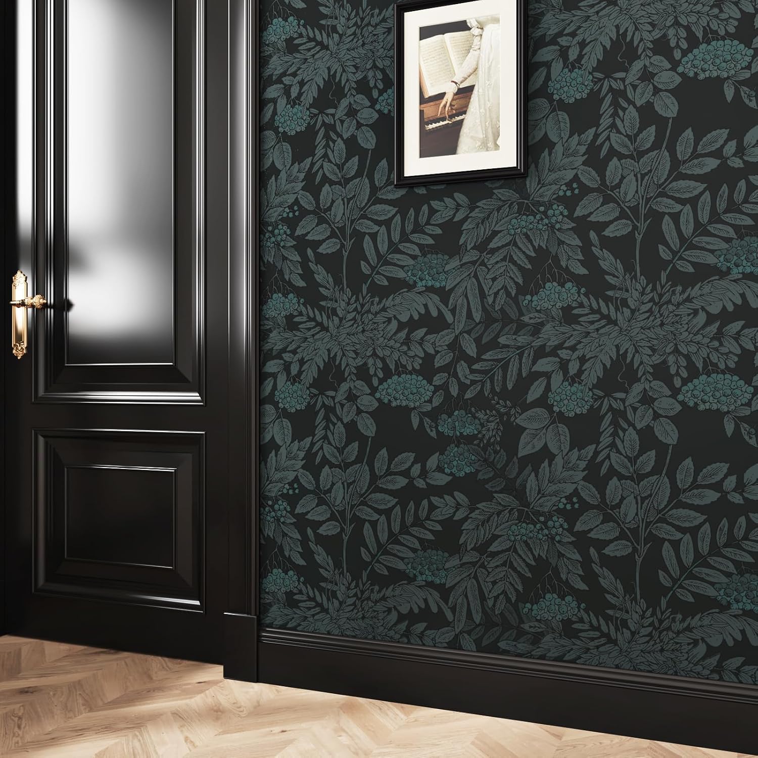 Black Jungle Wallpaper Peel and Stick Vintage Floral Contact Paper Self Adhesive Leaf Wall Paper for Bedroom Tropical Plant Stick On Wallpaper for Cabinets Liner Accent Walls 17.5"x102"