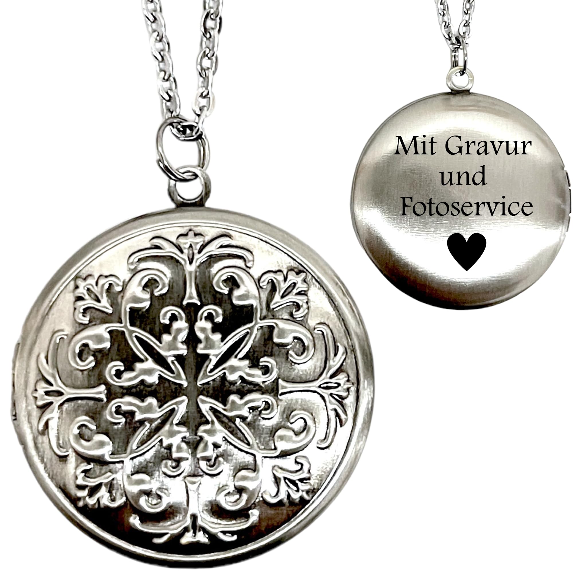 MadamLili - Personalisierbare Kette Foto Medaillon Amulett Aufklappbar - Kostenloser Fotoservice - Alt Silber Optik - Kette 70cm - Handgefertigt - Gravur Schmuck - Namenskette - Exklusive Schmuckbox