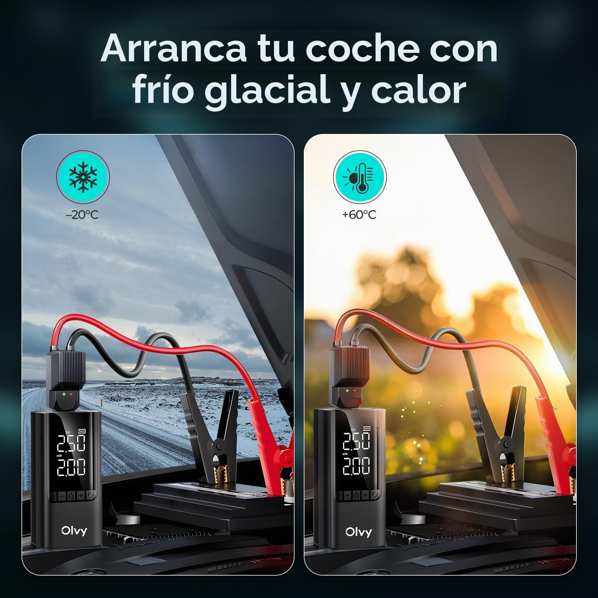 Arrancador portátil Olvy 4 en 1 con compresor de Aire, 1500 A de Potencia máxima, batería Externa de 12 000 mAh, protección Inteligente, luz LED, Pantalla Digital, Compacto para vehículos de Gasolina