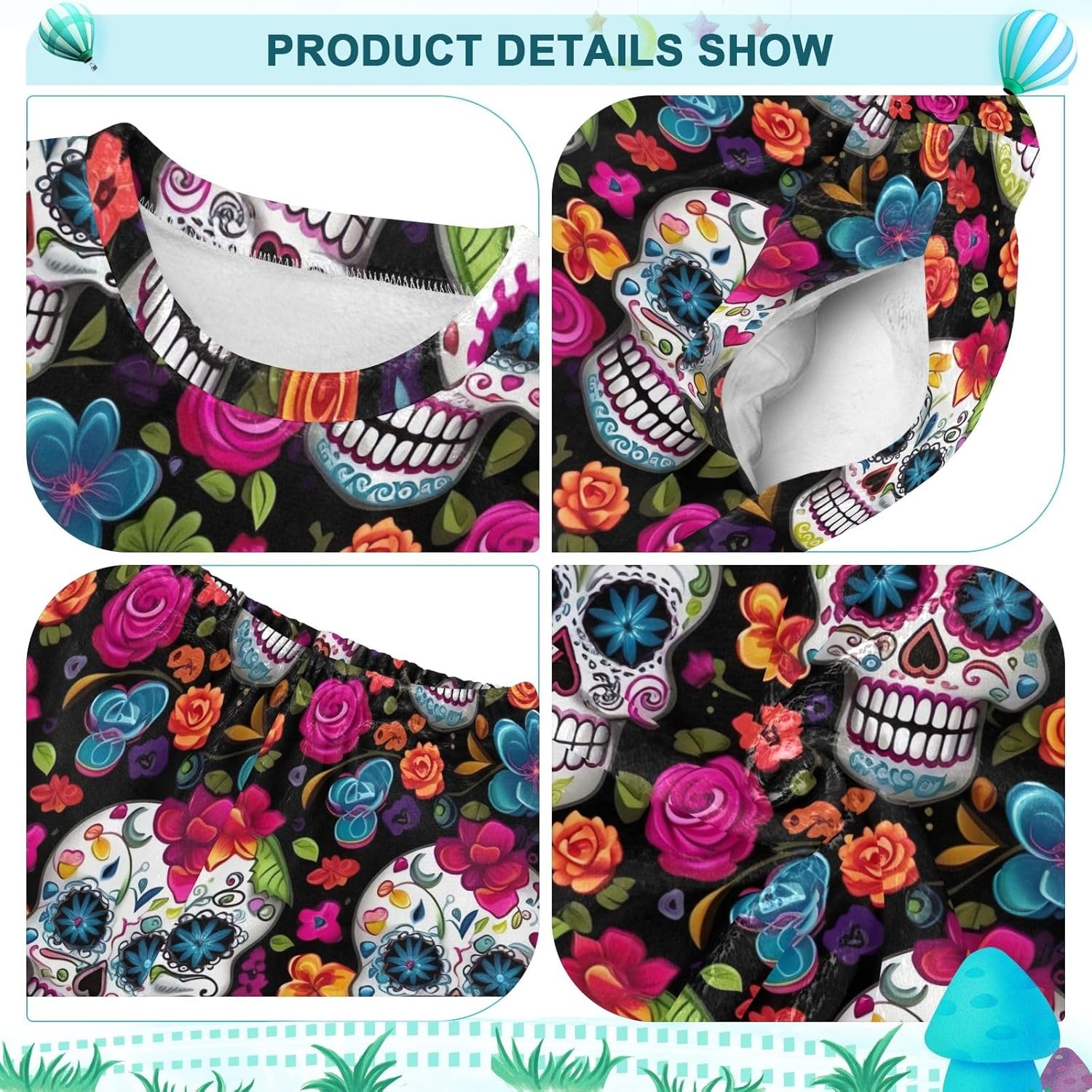Floral Sugar Skull Colorful Pajama Sets, Soft Fleece Loungewear, 2 Piece Winter Sleepwear