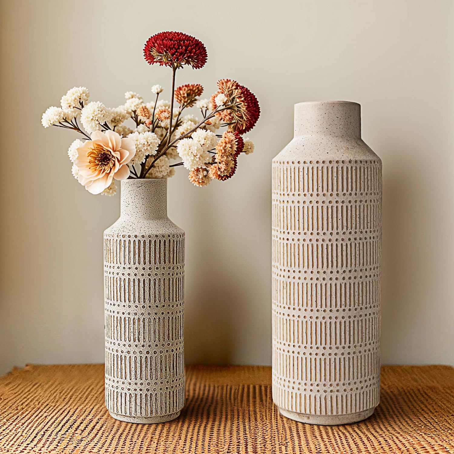 Farmhouse Ceramic Vase Set of 2 for Living Room Bedroom 15.75'' and 11.02'' Flower Bouquet Vases for Fake Plant Home Decor Office Fireplace Centerpieces Rustic Retro Vintage Modern Gift