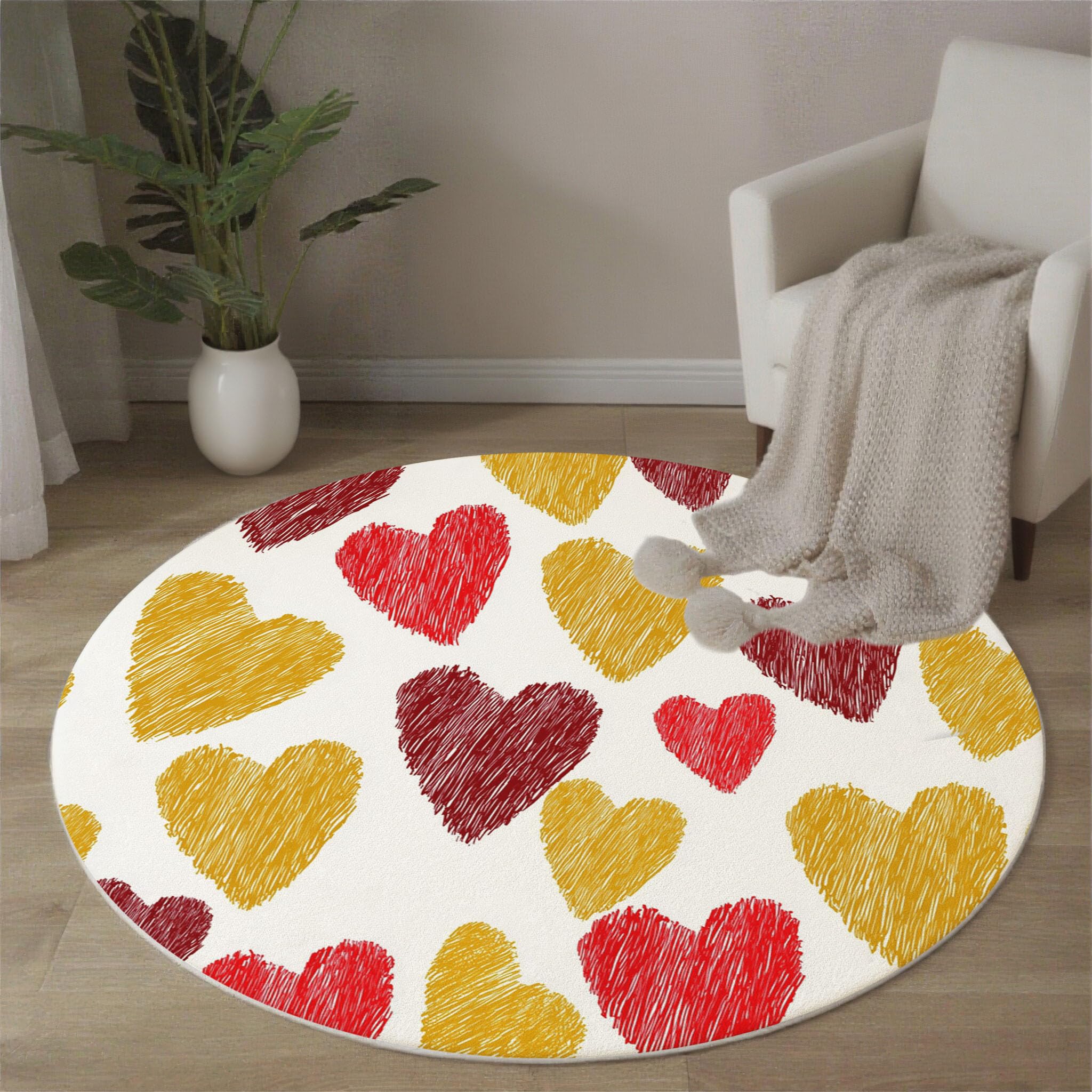 Teppich Rund 120cm Buntstiftmalerei rutschfest Teppiche Liebe Herz Clipart Waschbar Wohnzimmerteppich Kurzflor Weich Runder Teppich Senfgelb for Schlafzimmer Studie Heimbüro