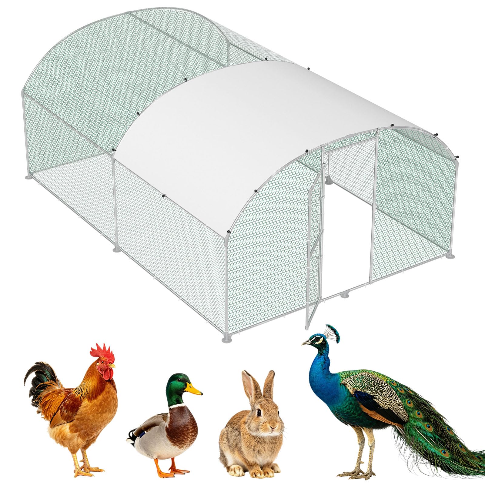 LZQ Hühnerstall 3x4m Freilaufgehege Hühnergehege Outdoor Hühnerkäfig Geflügelstall Verzinkter Metall Hühnerhaus mit Sonnenschutz Dach & Abschließbarer Tür, Freigehege für Hühner Kaninchen Kleintiere