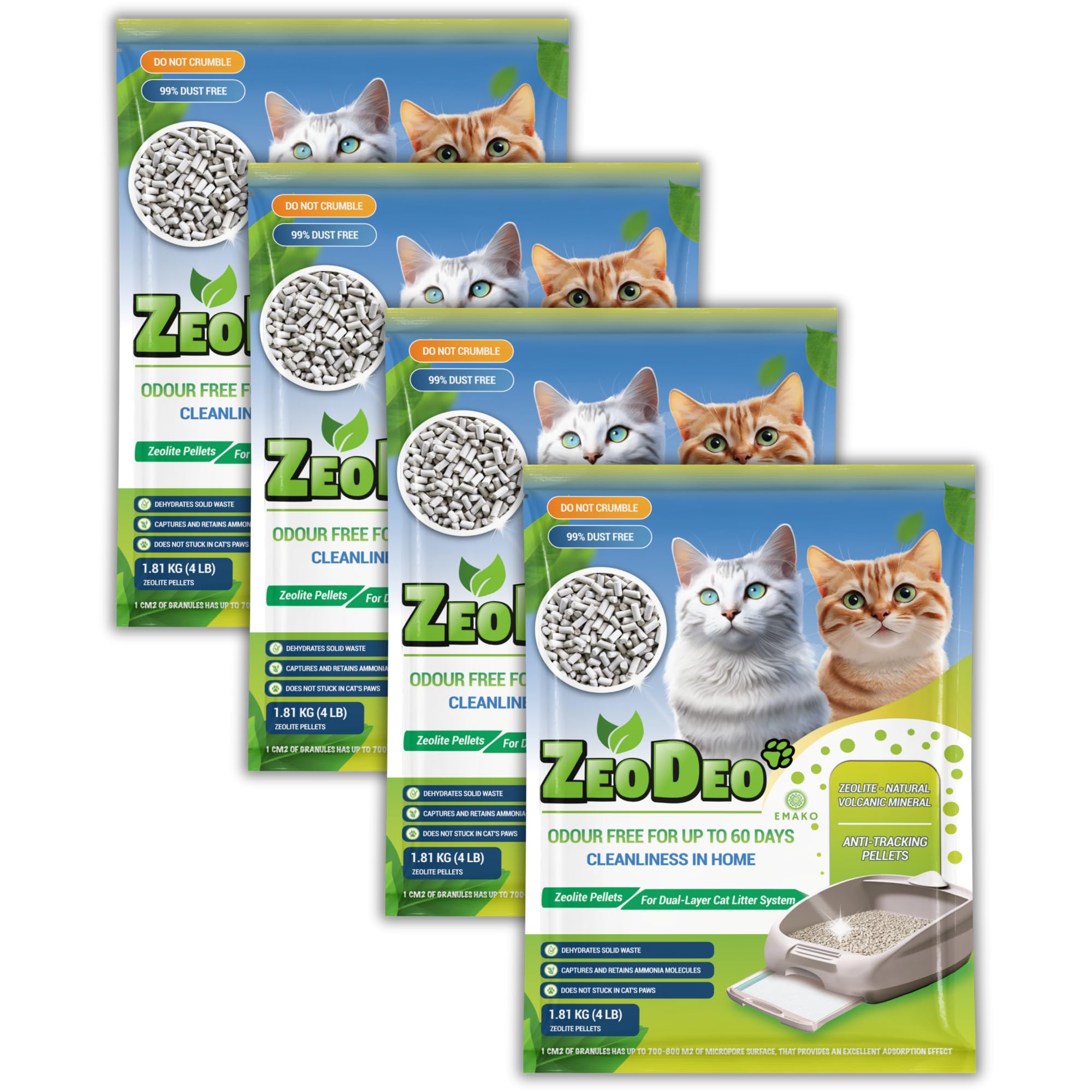 "ZeoDeo"-Natural Zeolite Cat Litter Pellets for dual-layer cat litter systems 4 Lb or 1.81 kg (Set of 4 × 1.81 kg (7,24 kg or 16 Lb))