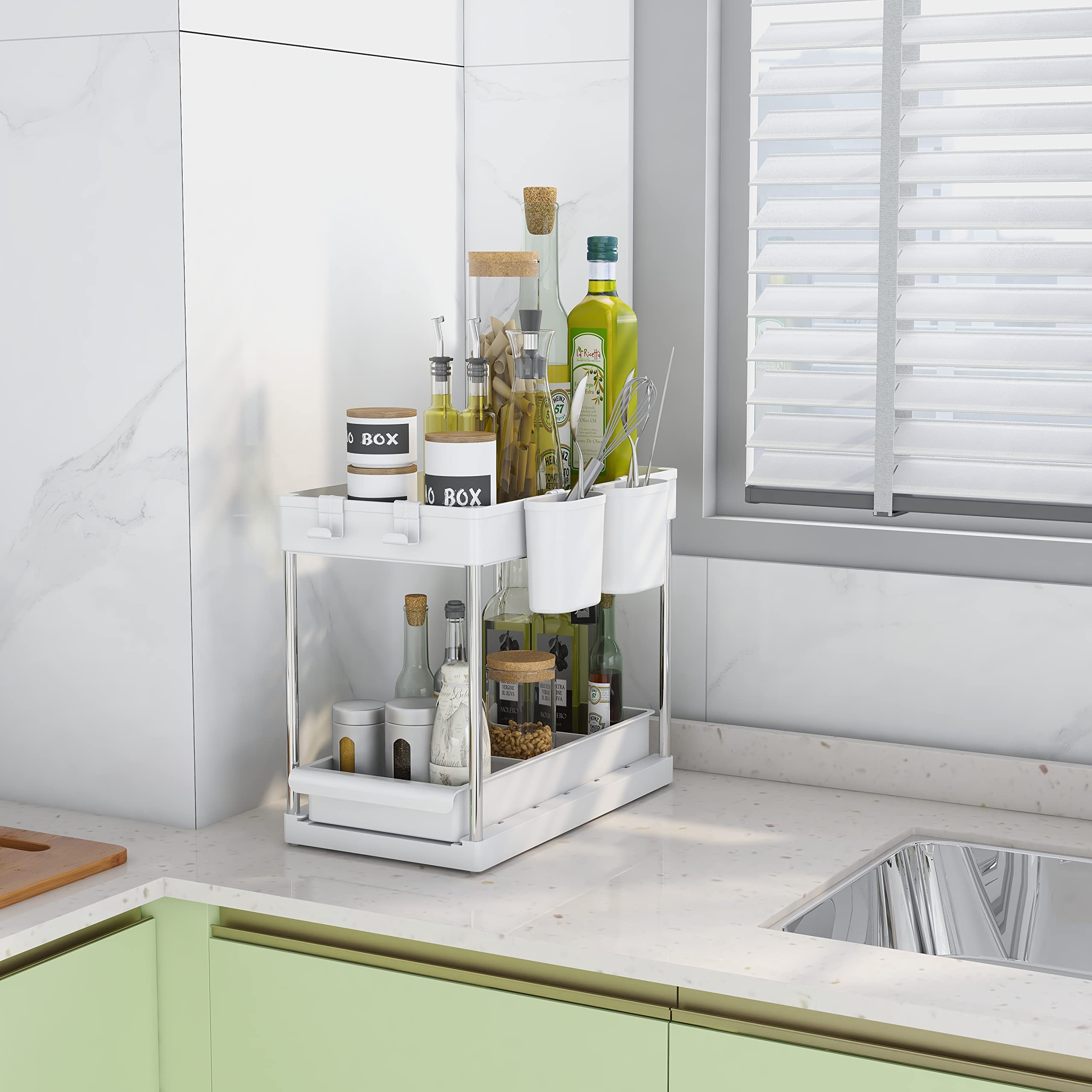 Mondeer Portaoggetti Sotto il Lavello Meerveil, Multifunzionale, a 2 Livelli, con 4 Ganci e 2 Tazze per Appendere, Per Ufficio, Cucina,Bagno, L22 x P40.7 x H32.5cm, Bianco