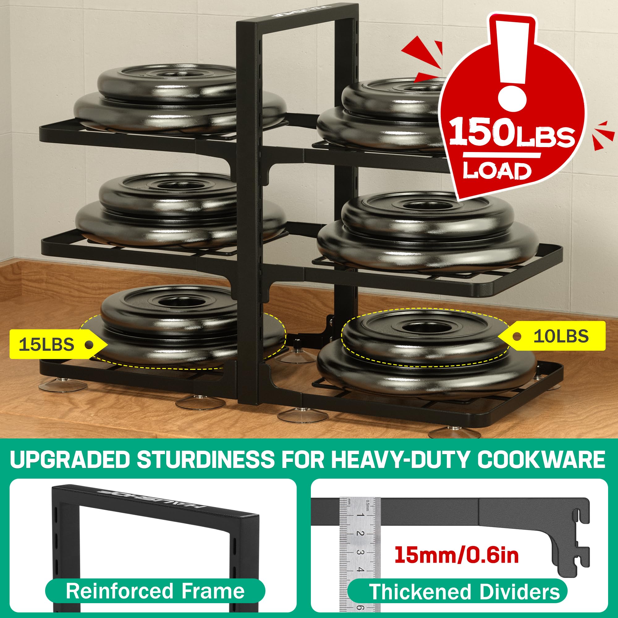 HAUSHOF Pots and Pans Organizer, 16" 150LBS Heavy Duty Pot Holders for Kitchen, 6-Tier Adjustable Pan Rack under Cabinet with Suction Cup, Snap-on Cookware Storage Organization Pot Pan Stand Stacker