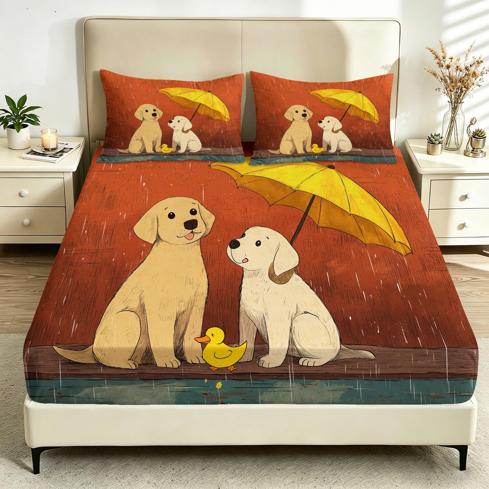 Sábana bajera ajustable naranja de 150 x 200 cm, de fácil cuidado, 30 cm de profundidad, con paraguas Golden Retriever, pato de goma, suave, transpirable, cómoda, para colchón de tamaño King