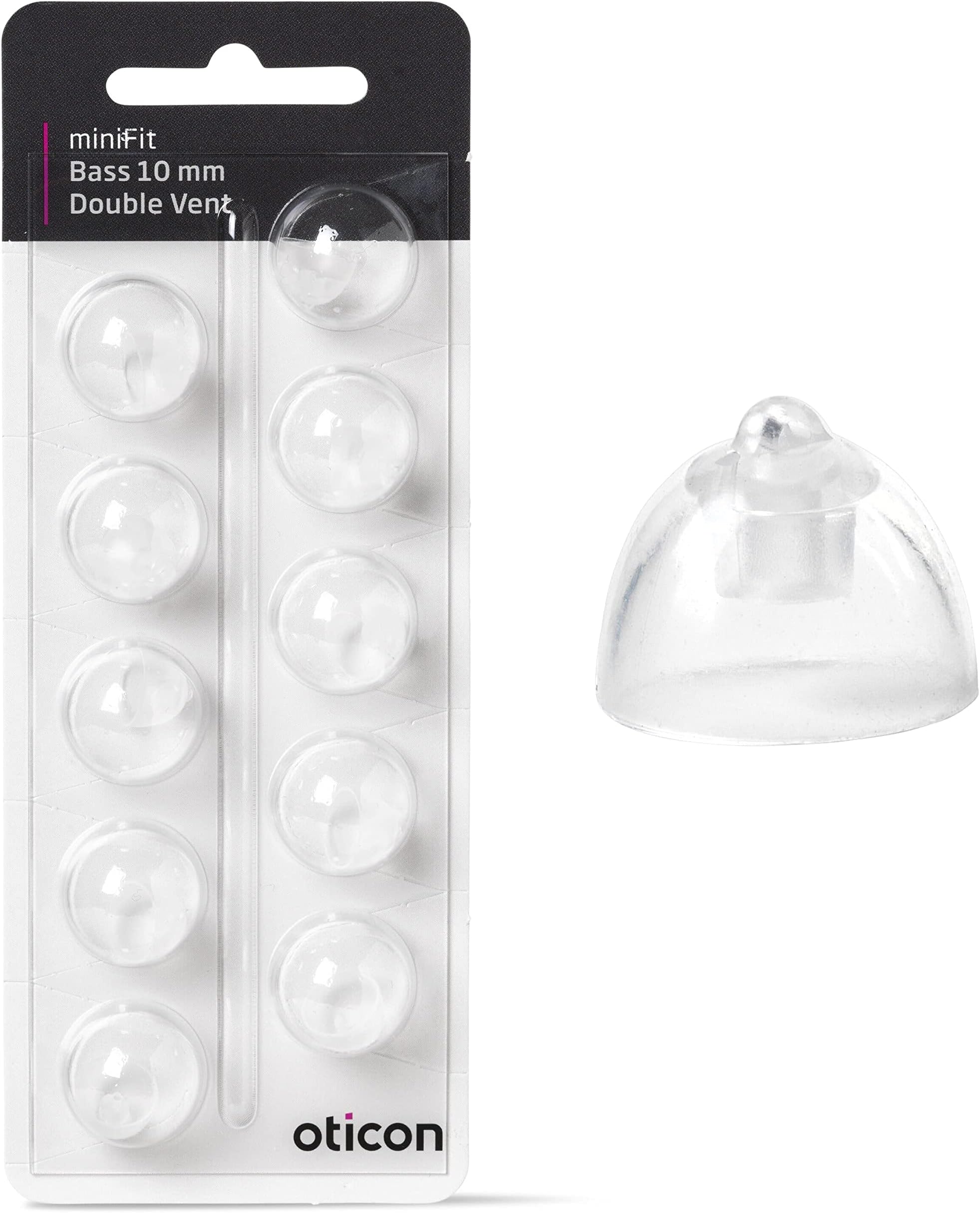 Oticon New Double Bass miniFit Domes 10mm, 10 Pieces, Silicone, Compatible with Oticon Alta, Alta Pro, Nera & miniFit Receivers