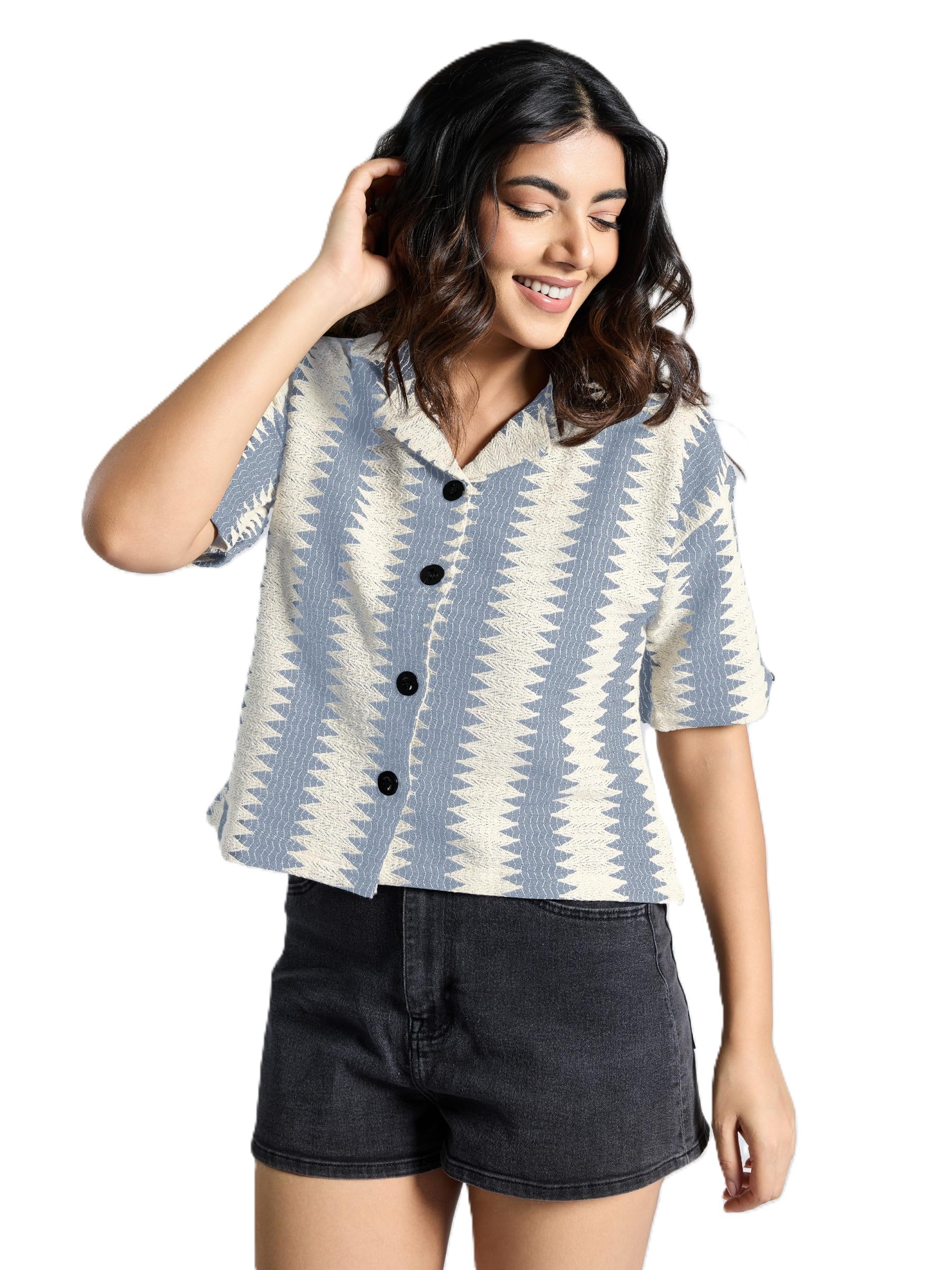 civamee Women's Knitted Printed Shirt Short Sleeve with Cuban Collar Neck (1758)-picture-1