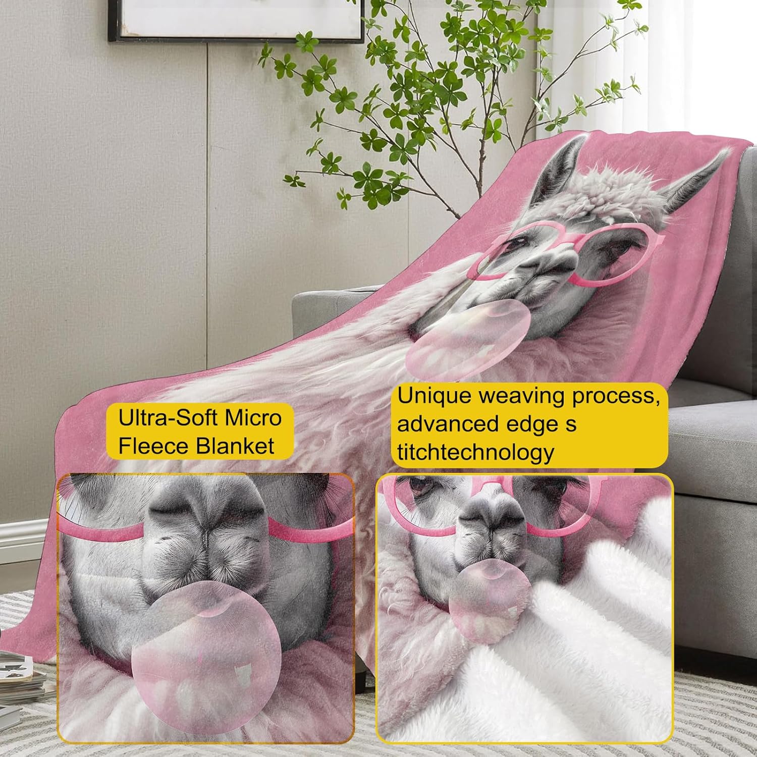 Pink Llama with Glasses Blanket Gifts for Women, Llama Flannel Blanket, Soft Warm Lightweight Throw Blankets for Bed Couch Home Travel Llama Decor 50" x 60" - Image 3