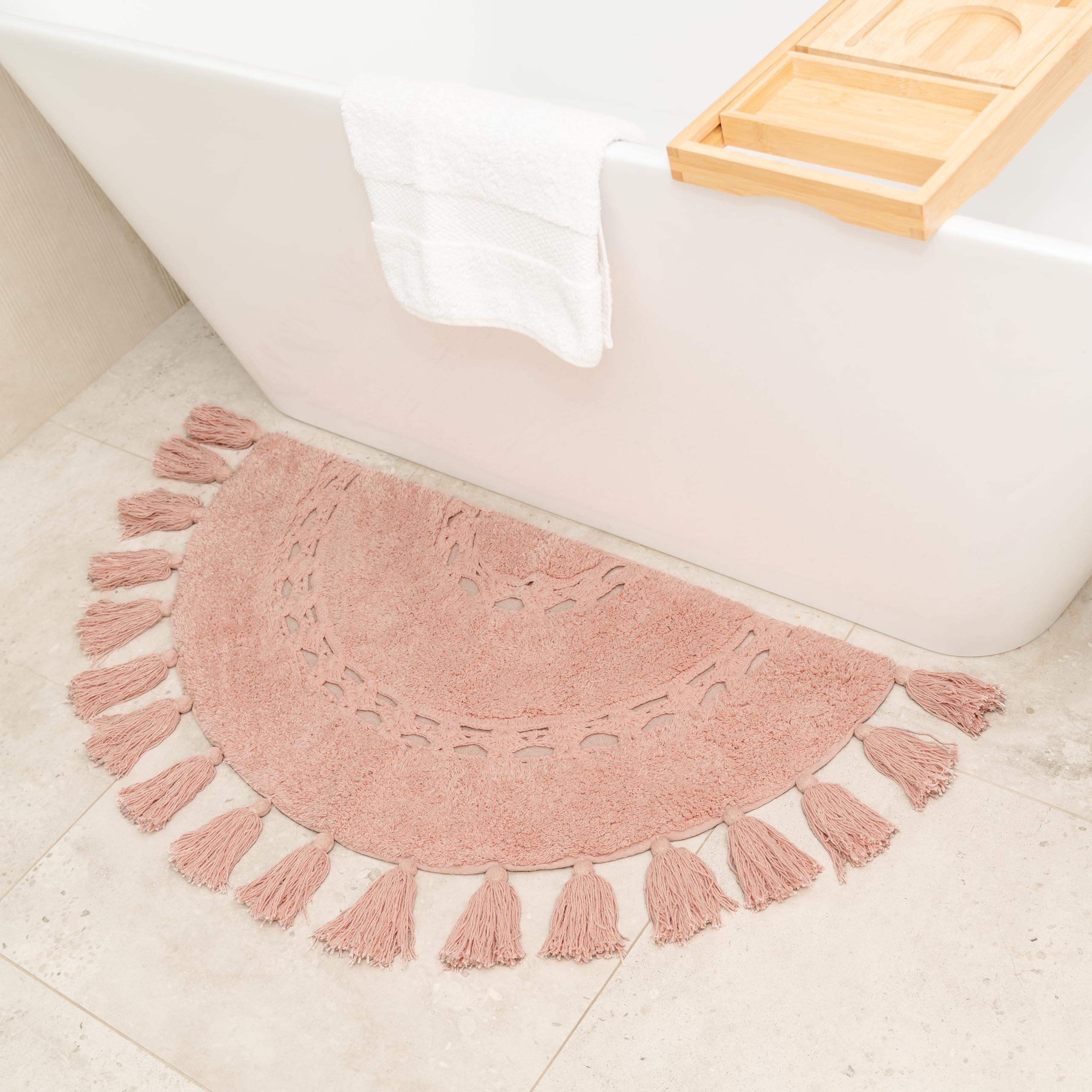 Unique Boho Rug - Half Circle Mat with Crochet Insert Detail & Tassels - 100% Cotton Boho Bathroom Rugs - Decorative Non-Slip Bohemian Rug for Bath & Bedroom - Cute Boho Décor - Dusty Pink 42x22