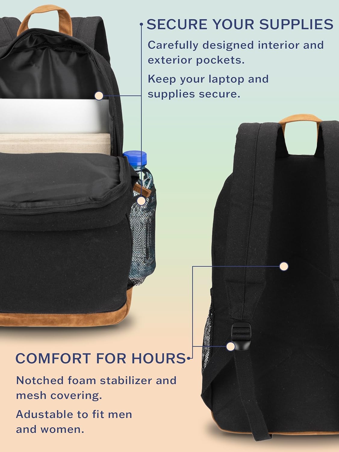Ocean Pacific La Playa Canvas Backpack for Travel, Sports, Beach, Work, Casual Daypack for Men Women Fits 15.6 Inch Laptop (Black)