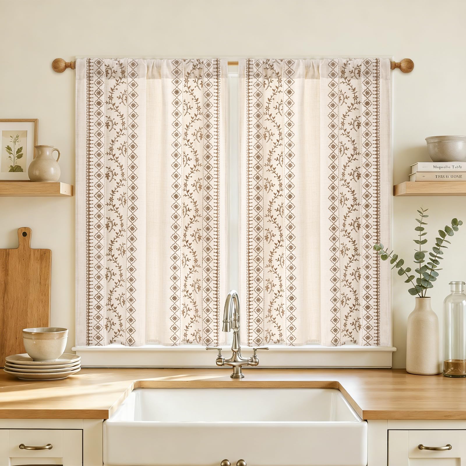Yinhua Boho Kitchen Curtains 36 Inch Length Brown Embroidered Floral Cafe Curtains, Farmhouse Light Filtering Kitchen Window Curtain Rod Pocket Short Tier Curtains for Windows, 26" W x 36" L, 2 Panels