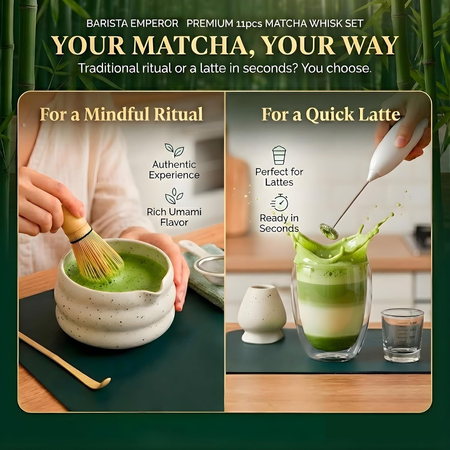 BARISTA EMPEROR® PREMIUM 11pcs MATCHA WHISK SET - Professional Matcha Kit Set with Matcha Bowl, Matcha Whisk, Milk Frother, Spoon, Matcha Sifter, Scoop, Scoop Stand, Measuring Cup, Tea Mat and Cloth - Image 3