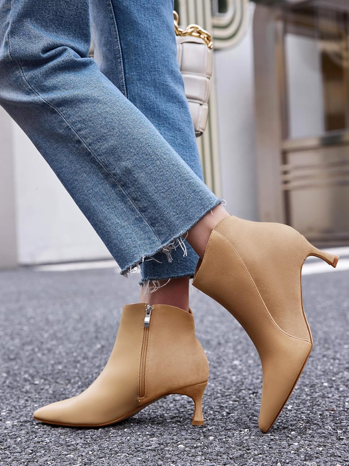 Coutgo Womens Kitten Heel Ankle Boots Pointed Toe Side Zipper Fall Winter Booties Shoes - Image 3