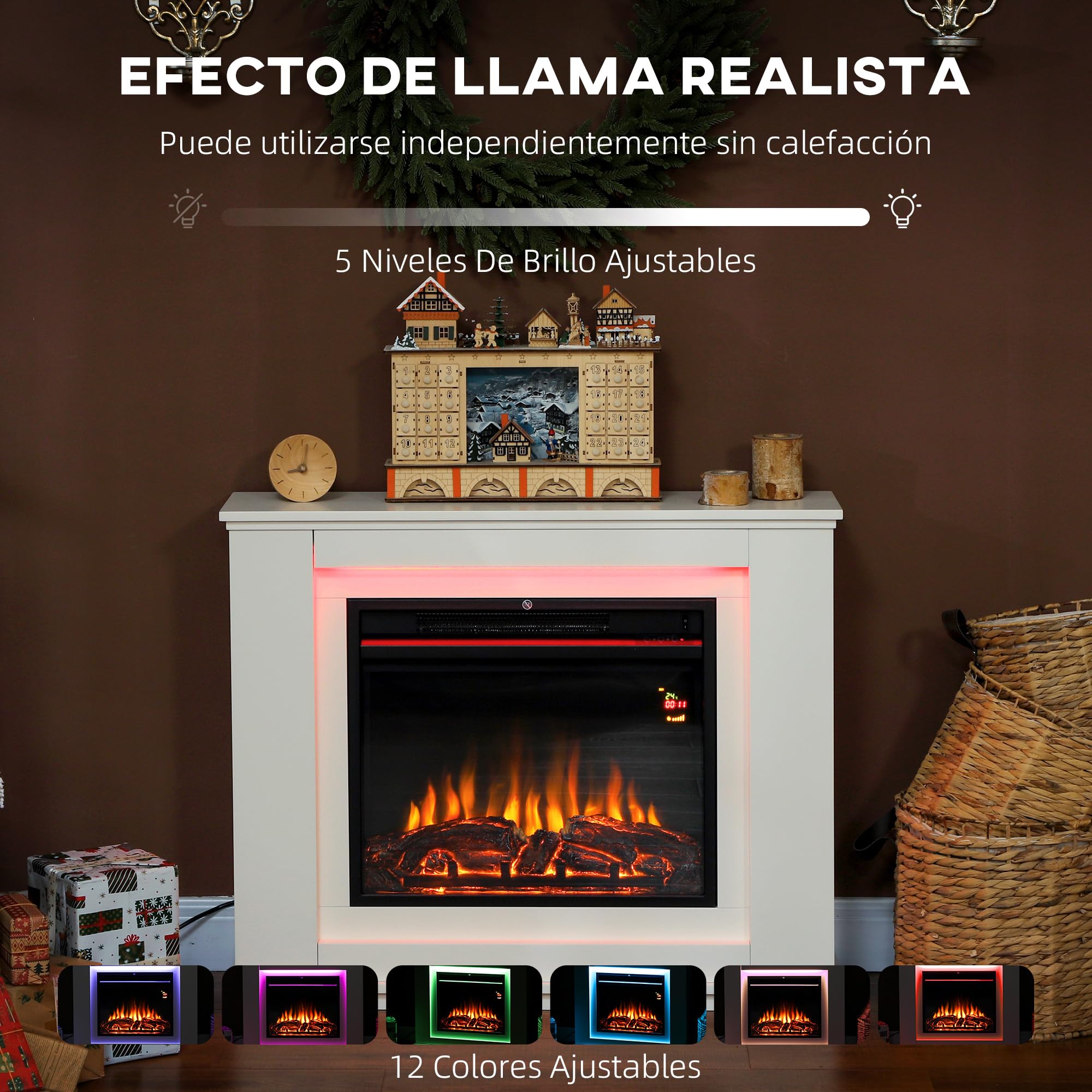 HOMCOM Chimenea Eléctrica con Efecto de Llama 1000/2000W para 30 ㎡ Blanco