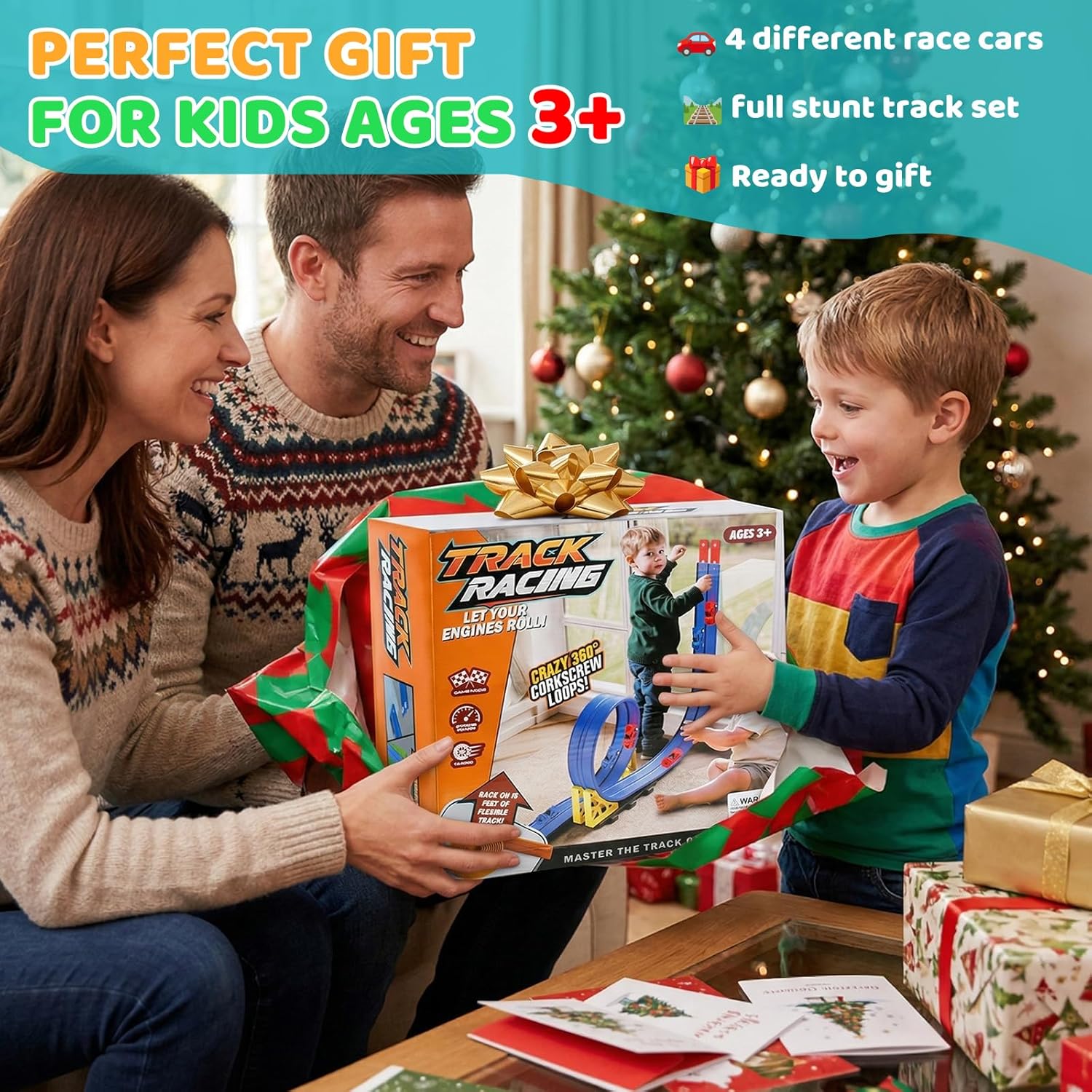 5 Metre Flexible Racing Track Children, Racing Track Car Toy, DIY Racing Track Toy, Car Racing Tracks with Accessories, Dual Race Track Ramps, with 4 Cars, for Children from 3 Years