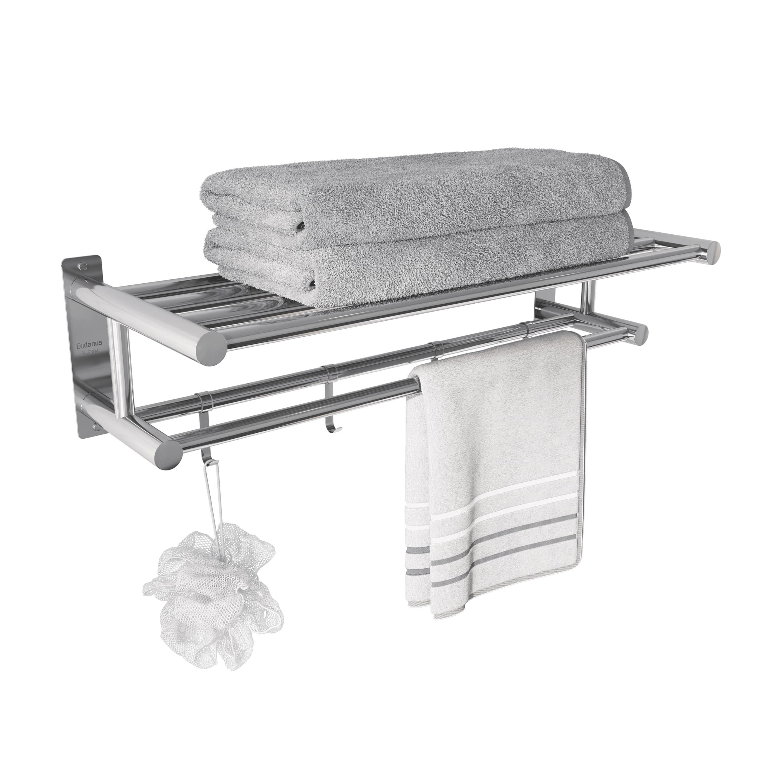 Eridanus Estante de Toallas, Toallero Doble de Acero Inoxidable SUS304 de Pared, Estantería de Almacenamiento para Baño con Barras y Ganchos(60x22,5x16cm)