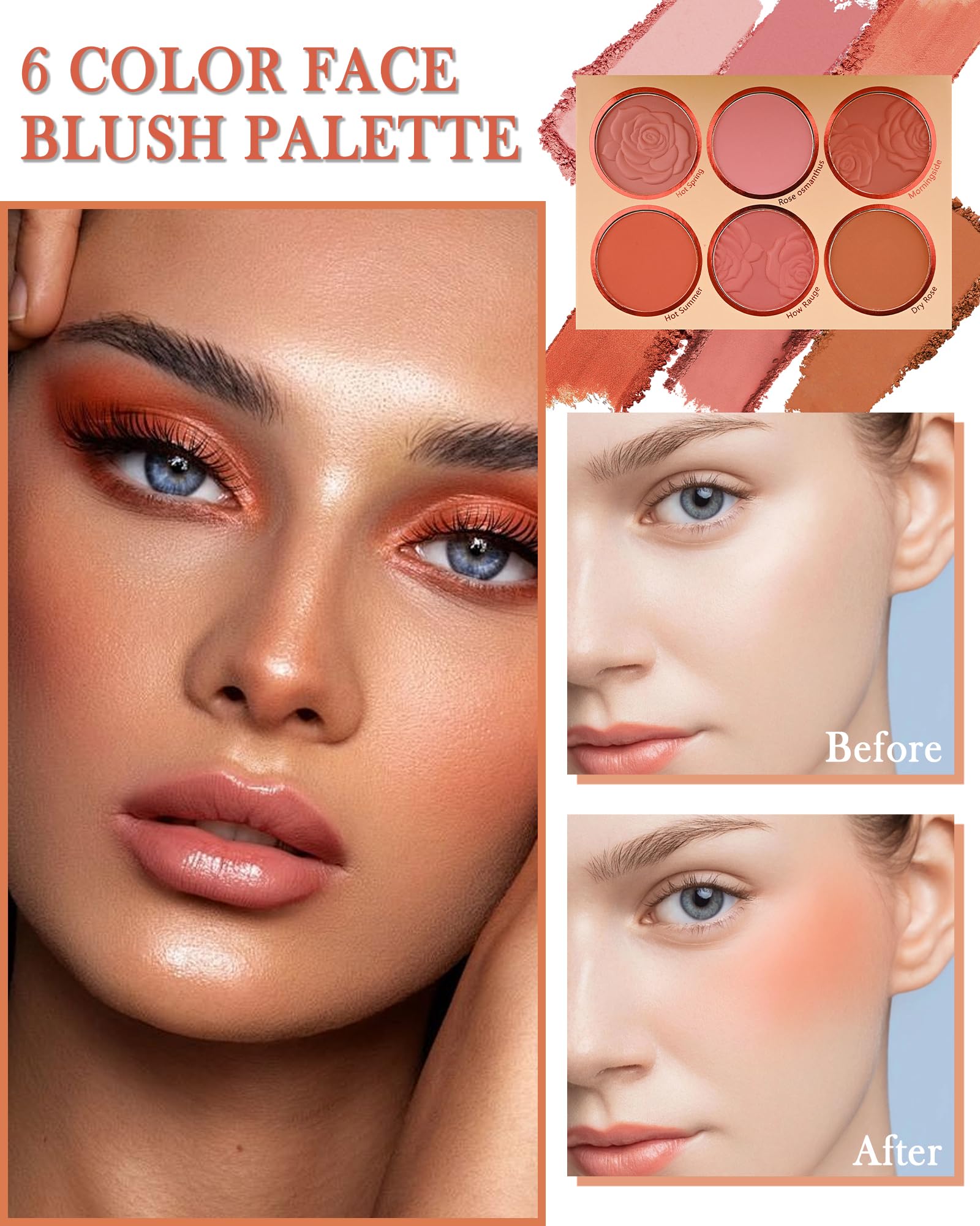 Paleta de rubor facial mate con brocha, 6 colores de alto pigmento, mineral sedoso, mezclable, polvo de contorno para mejillas, cosméticos de belleza facial de larga duración, regalo de maquillaje 2